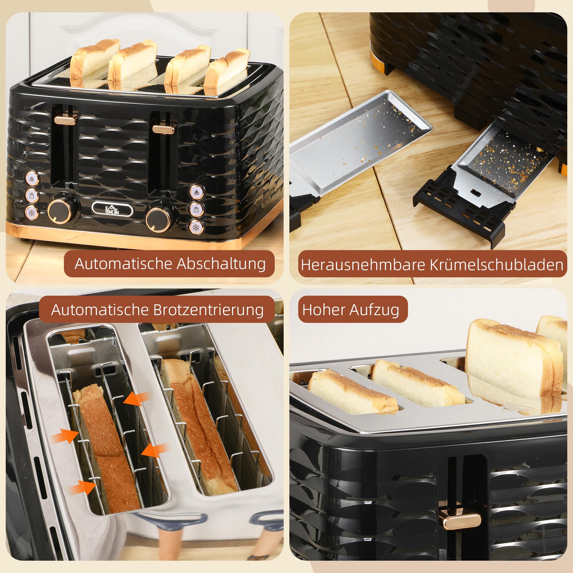 HOMCOM Tostadora 4 rebanadas con rejilla para pan, 7 niveles, función descongelar, función elevadora, bandeja recogemigas 1860 W Negro
