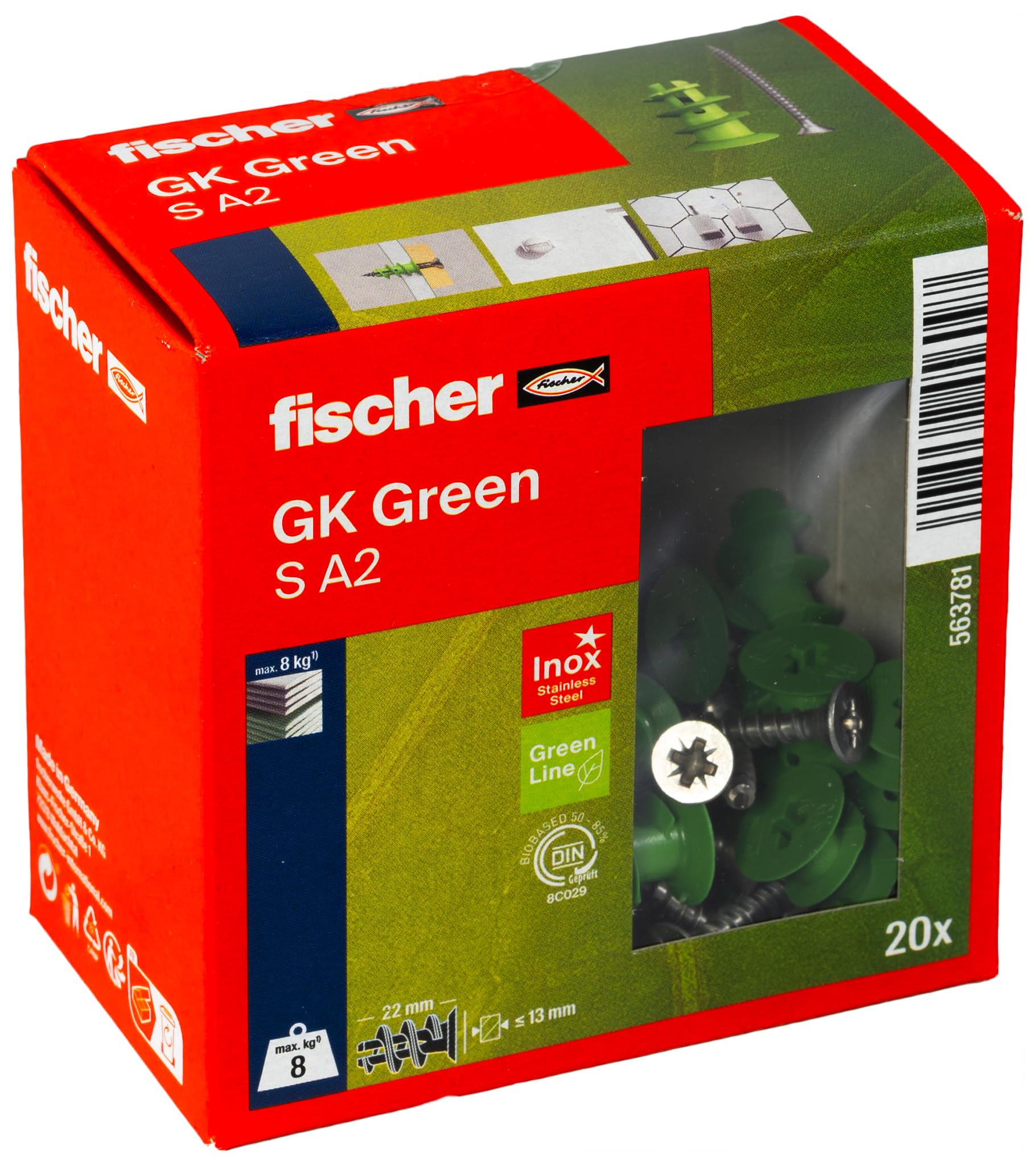 fischer Gipskartondübel GK Green S mit Edelstahlschraube A2, nachhaltige Gipskartondübel, für eine schnelle Montage in Gipskarton, 20 Dübel und 20 Schrauben, inklusive GK-Setzwerkzeug