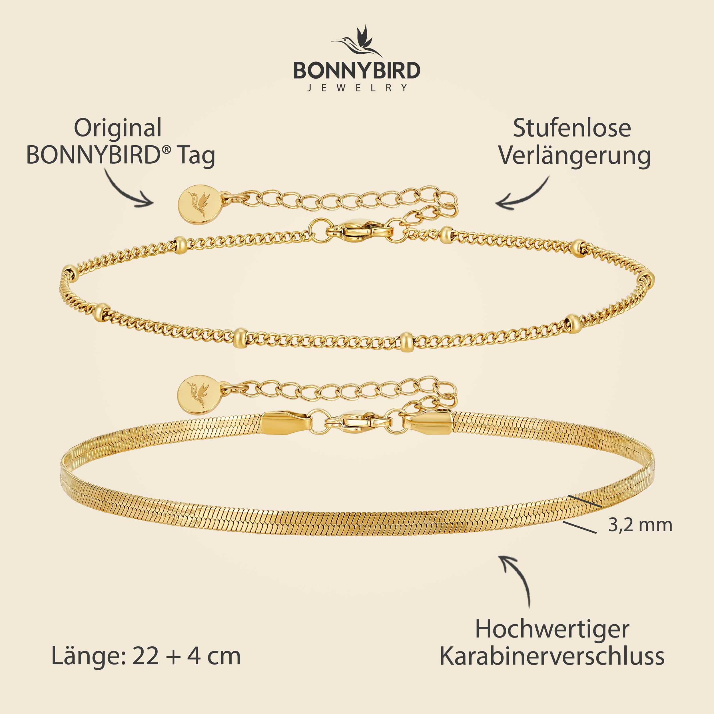 BONNYBIRD® Premium Edelstahl Fußkettchen für Damen in Silber, Gold & Roségold, 100% Wasserfest & Hautverträglich BonnyBeach