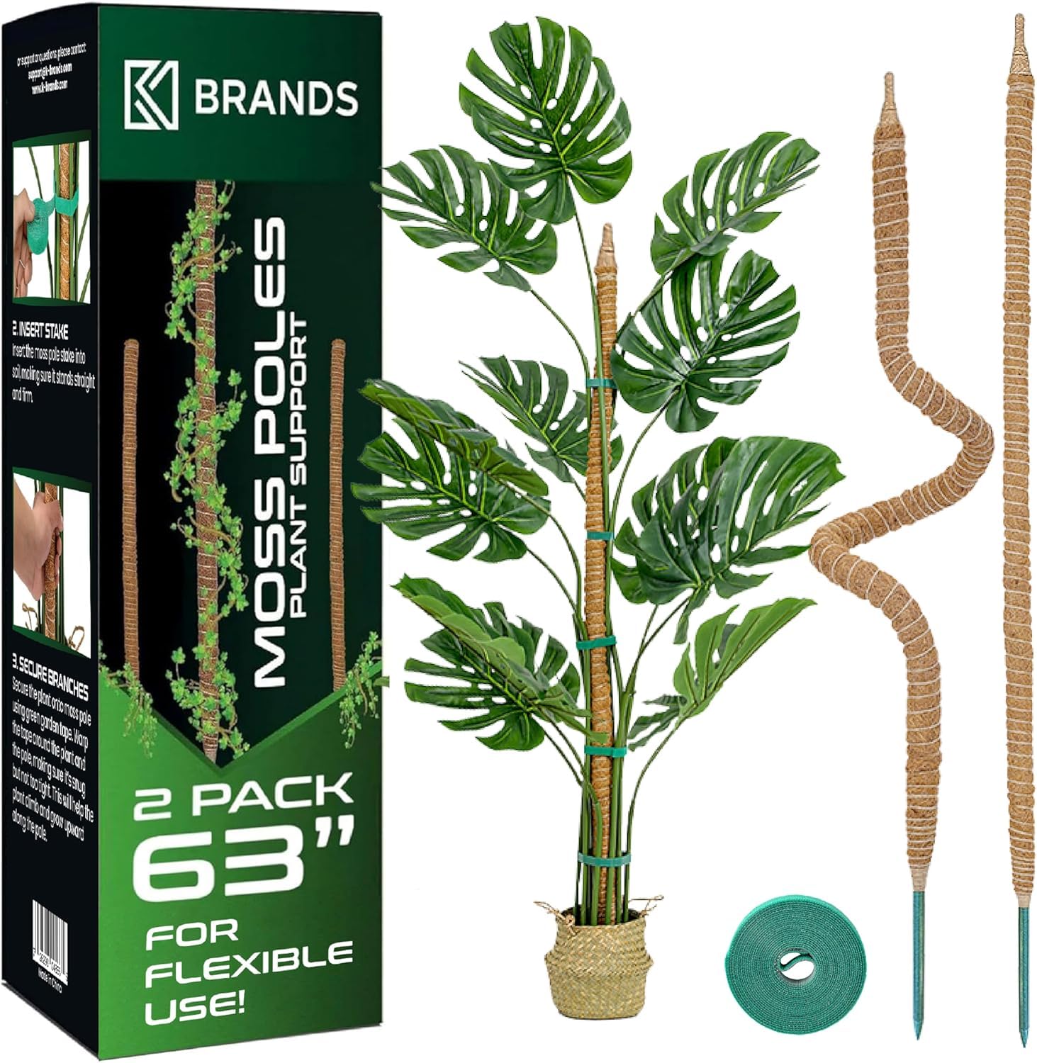 K-Brands Moss Pole (2 Pack, 160 cm/63 In/5.25 ft) - Bendable Monstera Plant Support - Cheese Plant Support Pole Sticks - Moss Poles for Climbing Plants - Plant Stakes Indoor with Ties