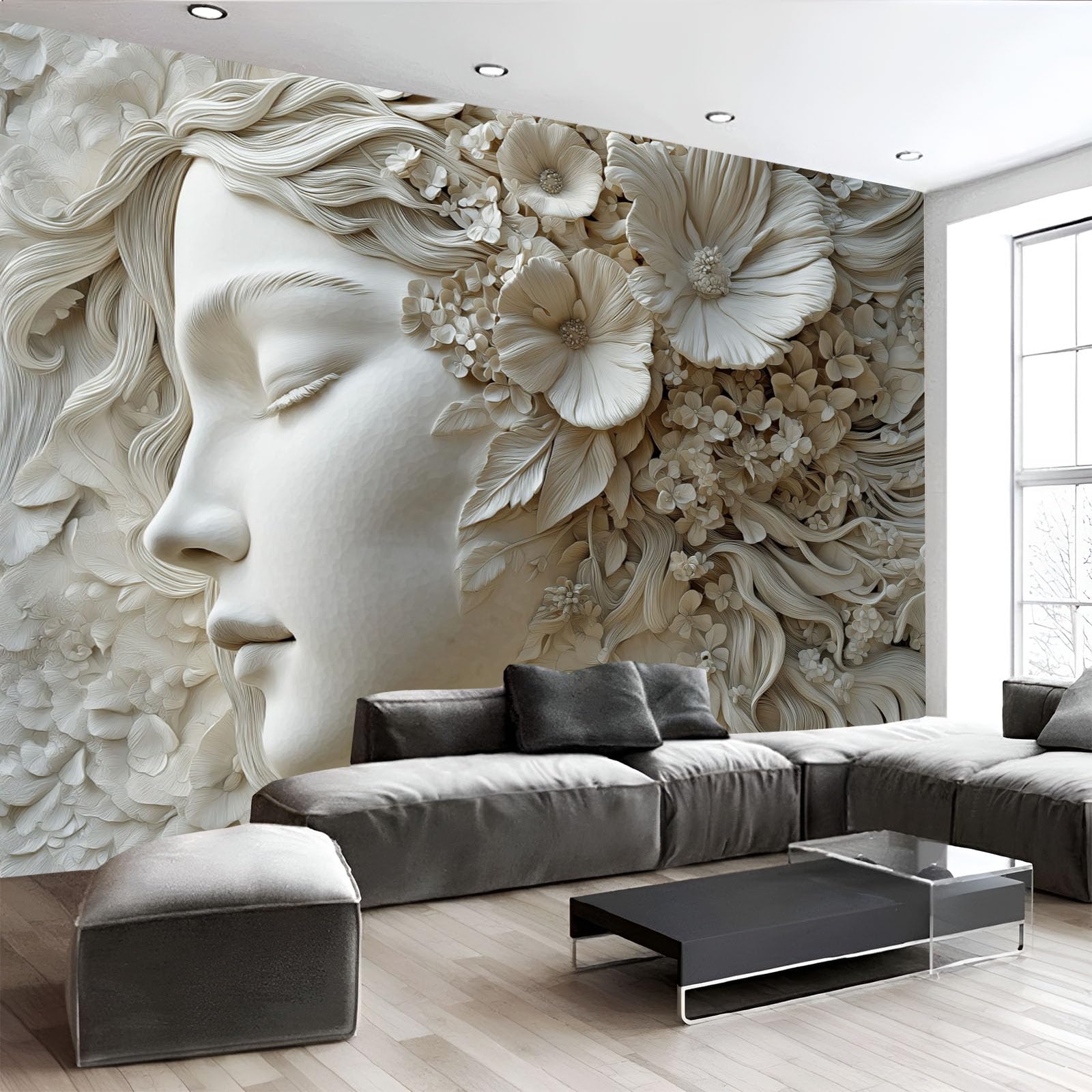 Carta Da Parati Delicato Donna Viso 250×170cm Wallpaper Carta Da Parati Murale 3D, Fiori Foresta Fotomurali Moderni Per Soggiorno E Camera Da Letto, XL Decorazione Murale 3D, Grigio