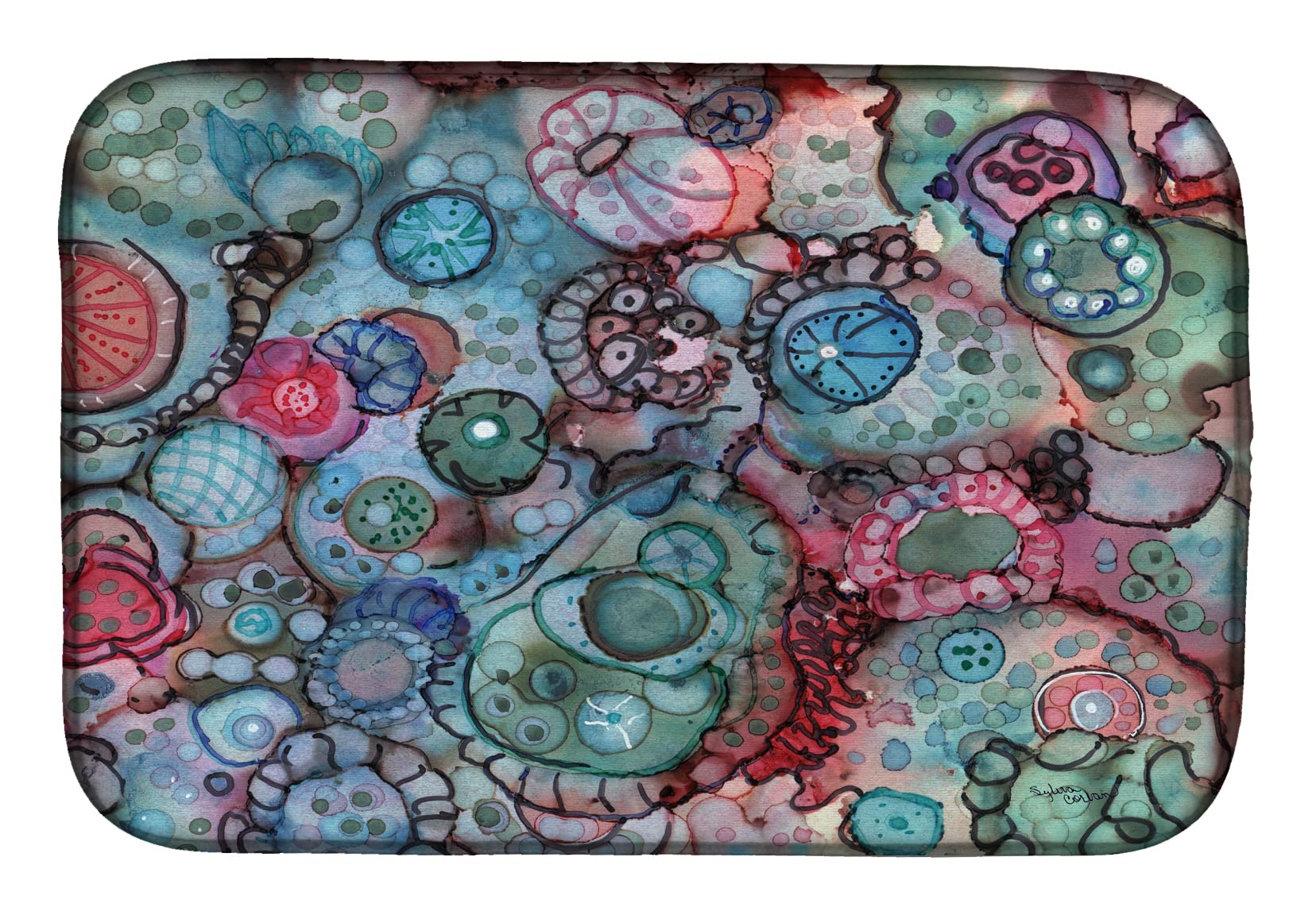 Tapis de séchage abstrait rouge et bleu pour égayer votre cuisine 14x21 cm