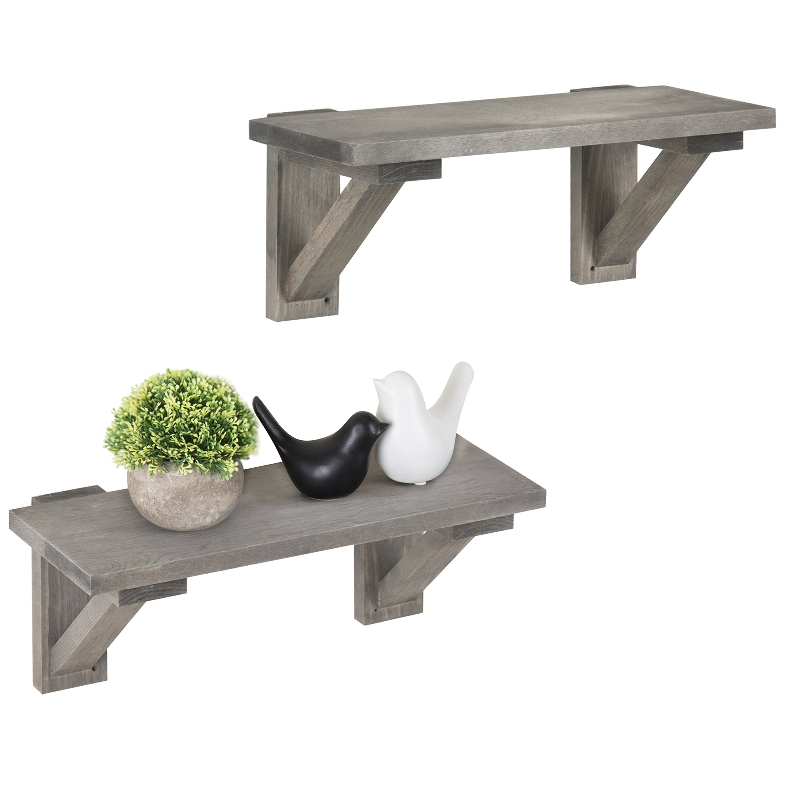 MyGift Rustic Gray Wood Floating Shelves with Wooden Brackets, Hanging Wall Display Shelf for Living Room, 17 Inch, Set of 2
