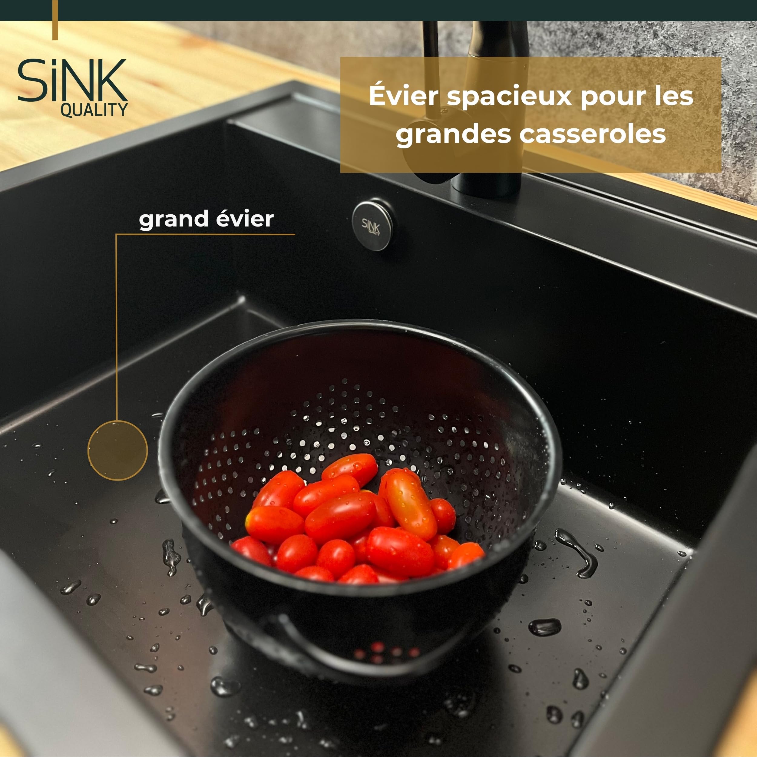SINK QUALITY Évier en granit noir avec taches dorées 56 x 51 cm – Évier avec siphon doré et agent imperméabilisant – Évier pour armoires inférieures à partir de 60 cm de largeur – Lavabo pour cuisine