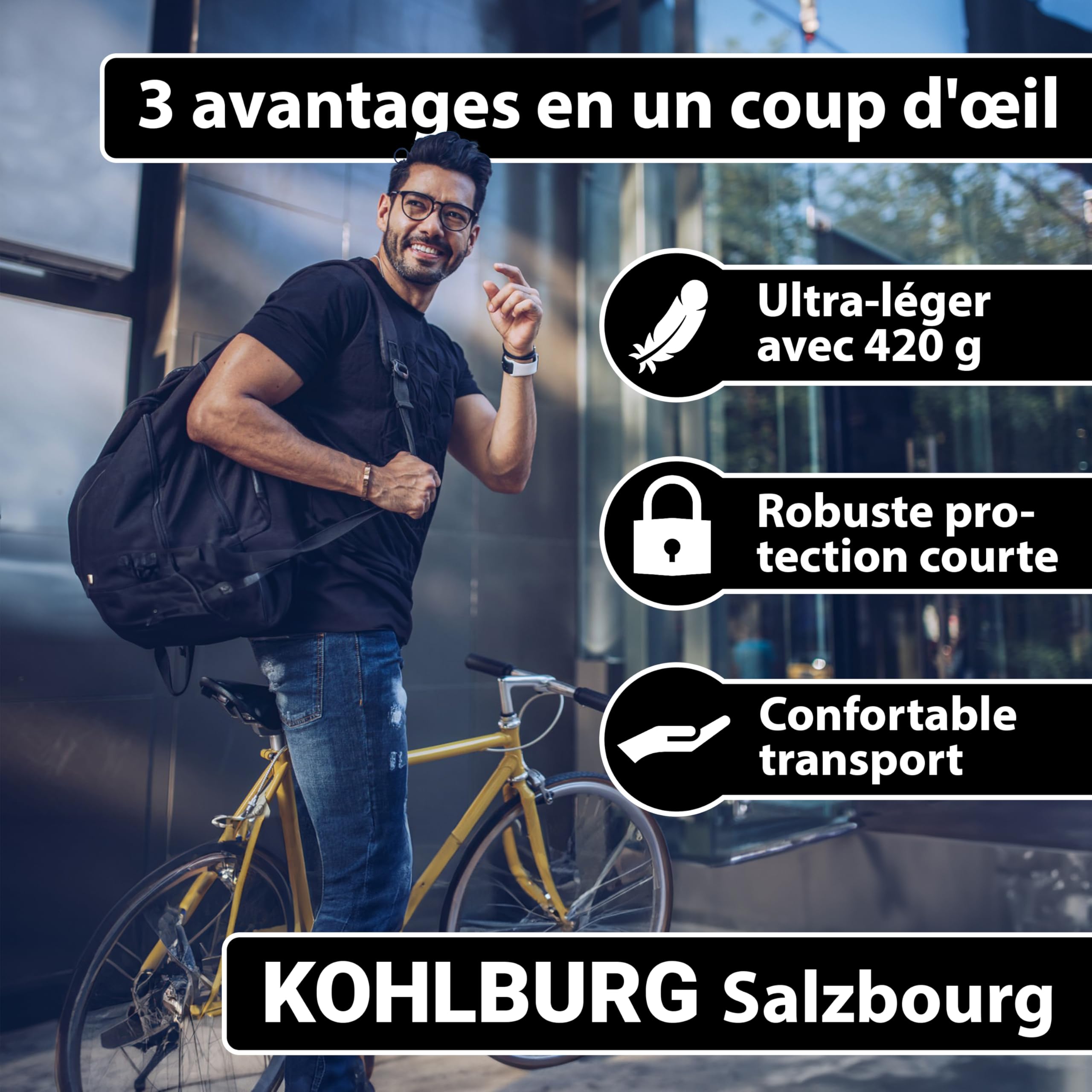 KOHLBURG antivol pliable léger de 420 g avec support pour longues randonnées, protection courte durée, antivols à maillons 70 cm pour vélo, e‑bike & vélo de course, mini antivol pliable petit & léger