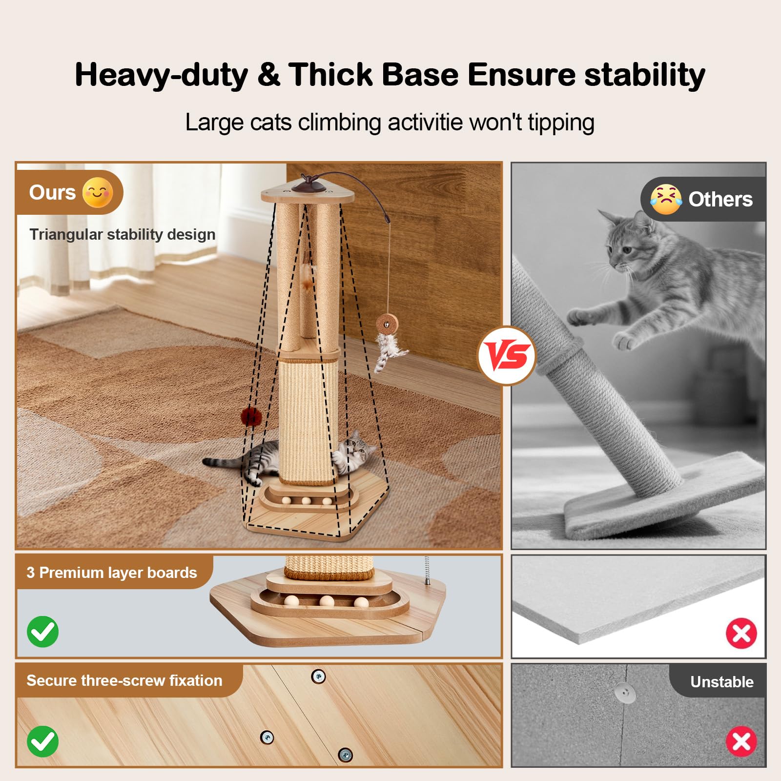 Odoland Kratzsäule, Kratzbaum für groß Katzen Cat Scratching Post XXL Sisalseil stabil Katzenbaum hoch 86cm mit interaktivem Laufball, 360° drehbares Katzenspielzeug