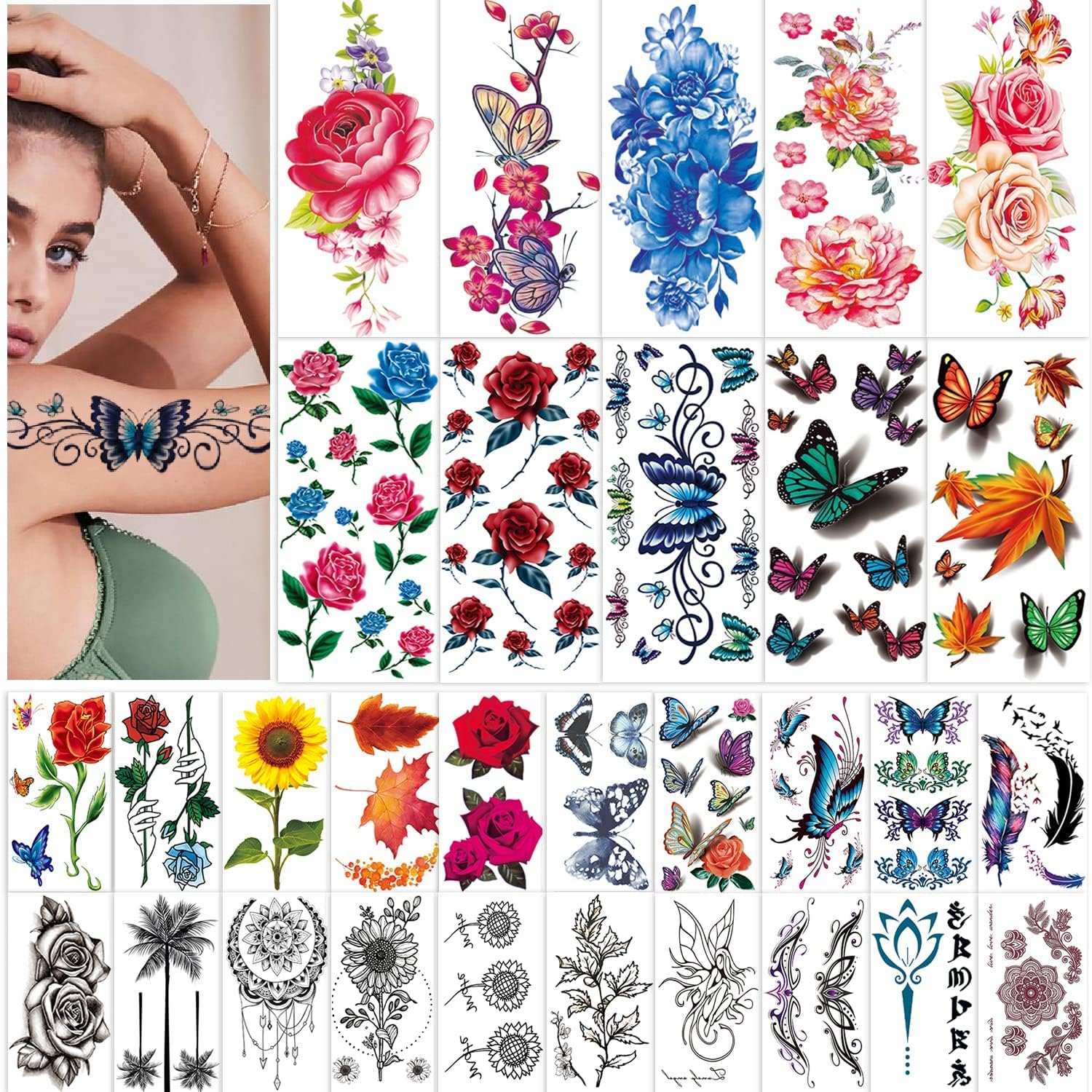 42 Sheets Flowers Temporary Tattoos Stickers, Roses, Butterflies and Multi-Colored Mixed Style Body Art Temporary Tattoos for Women, Girls or Kids
