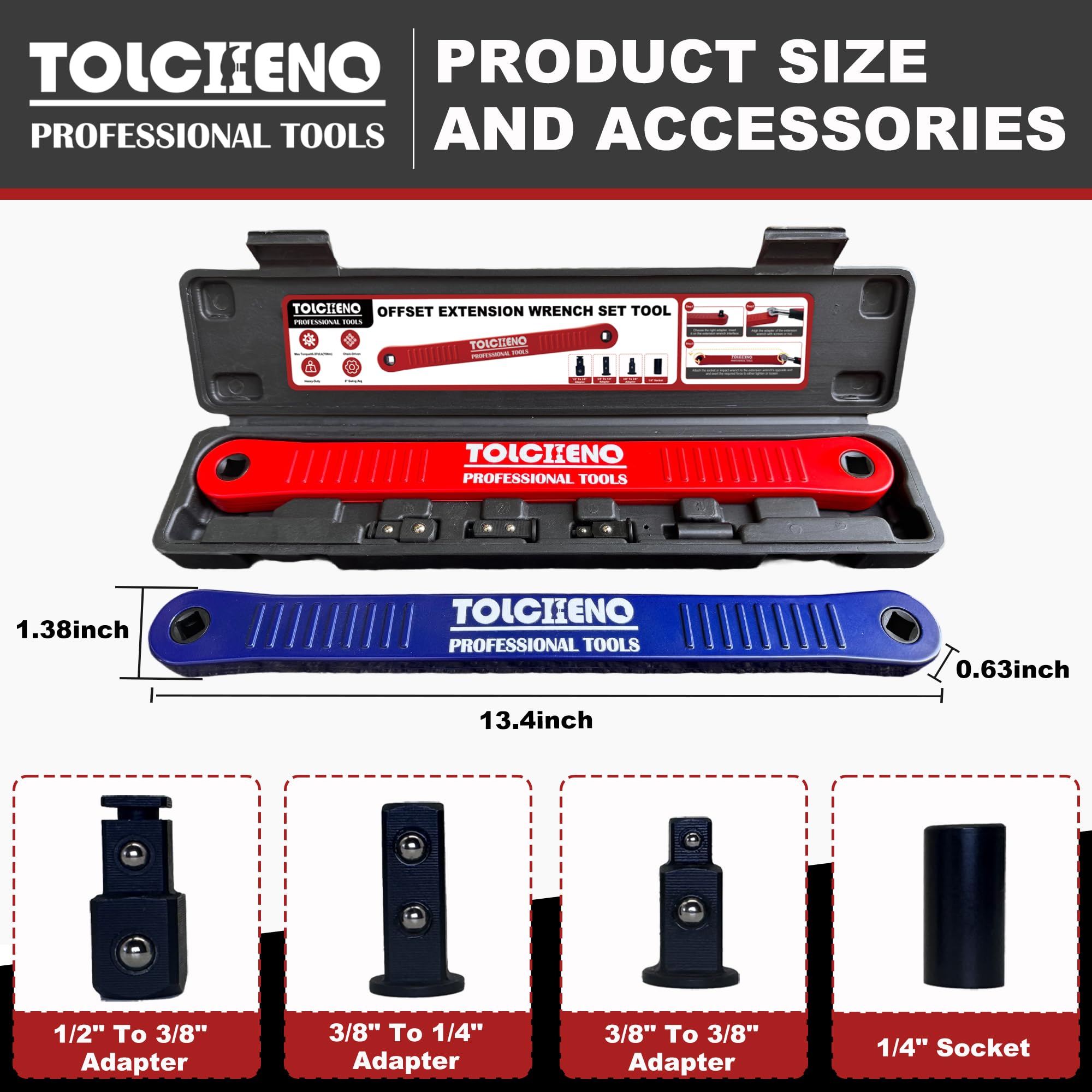 TOLCHENO Offset Extension Wrench Set, Pro Zero Offset Extension Wrench Extender Tool with 1/4", 3/8" - Image 2