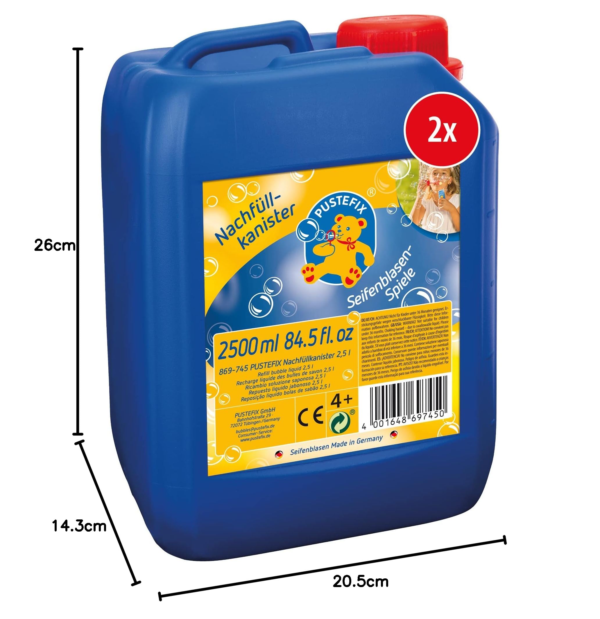 PUSTEFIX Bolle colorate prodotte in Germania, 2 x 2,5 l, per matrimoni, compleanni dei bambini, feste estive, bolle di sapone colorate per bambini e adulti