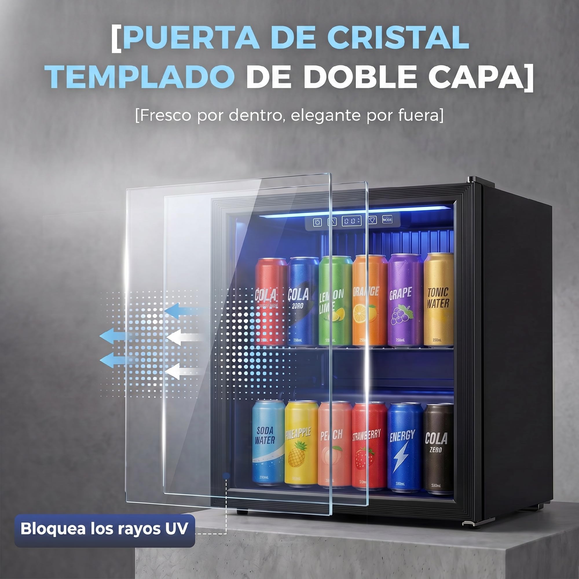 HOMCOM Frigorífico de Bebidas 50 L, Mini Nevera con Puerta de Vidrio Doble, Iluminación LED, Estante Ajustable, 2-18℃, para 48 Latas, Nevera Pequeña para Refrescos, Cerveza y Vino