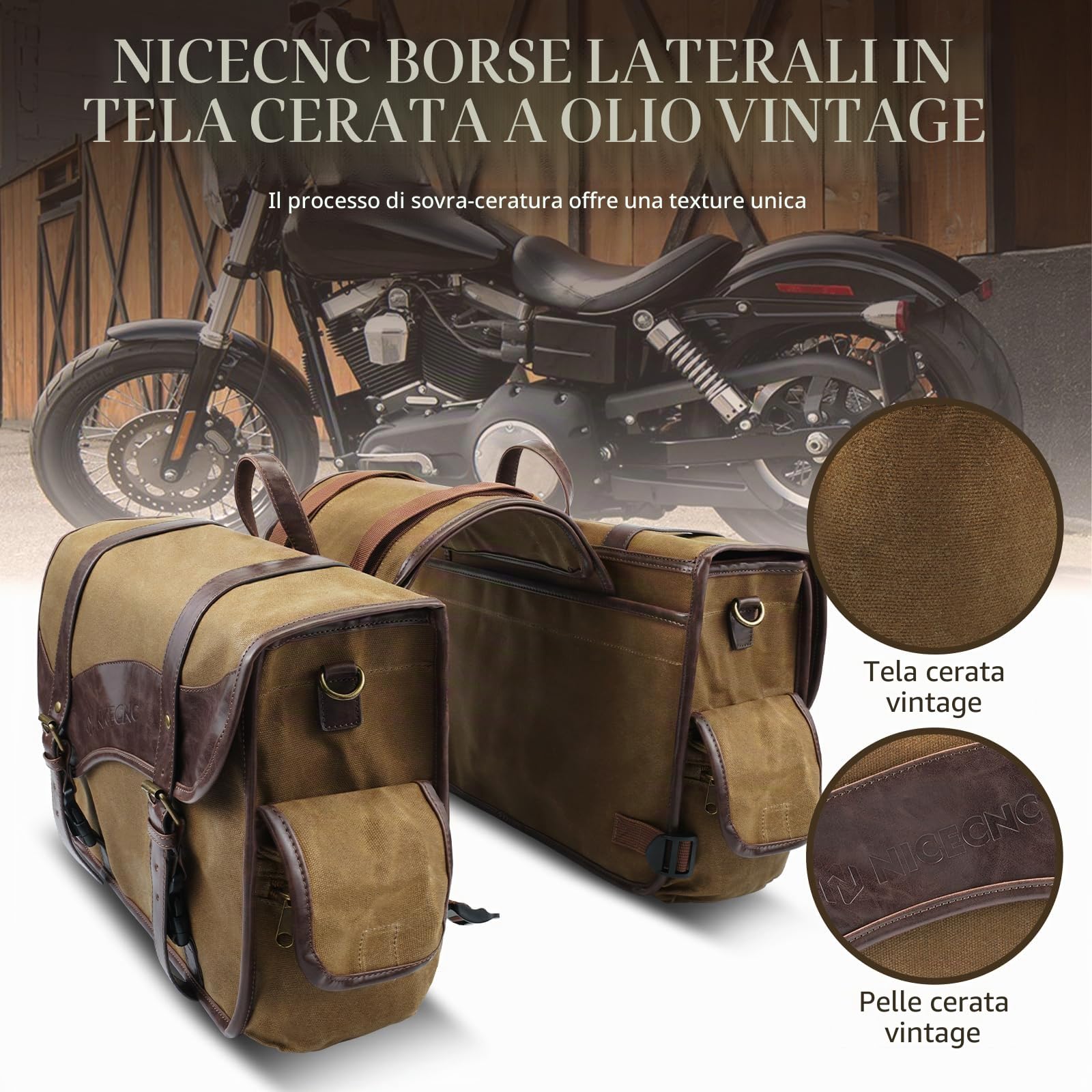 NICECNC Borse da sella per moto, vintage, in tela cerata ad olio, borse laterali da sella Compatible with Harley Adventure Street Glide (marrone)