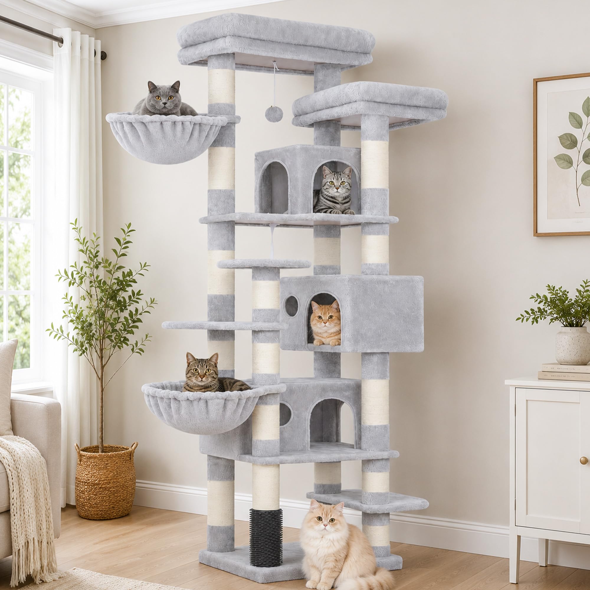 Hey-brother Árbol para Gatos Rascador XXL, Torre de Gatos Multi - Nivel de 188 cm de Altura,con 2 Grandes Plataformas, 3 Cuevas y 2 Cestas, Gris Claro 0EMPJ035-MW
