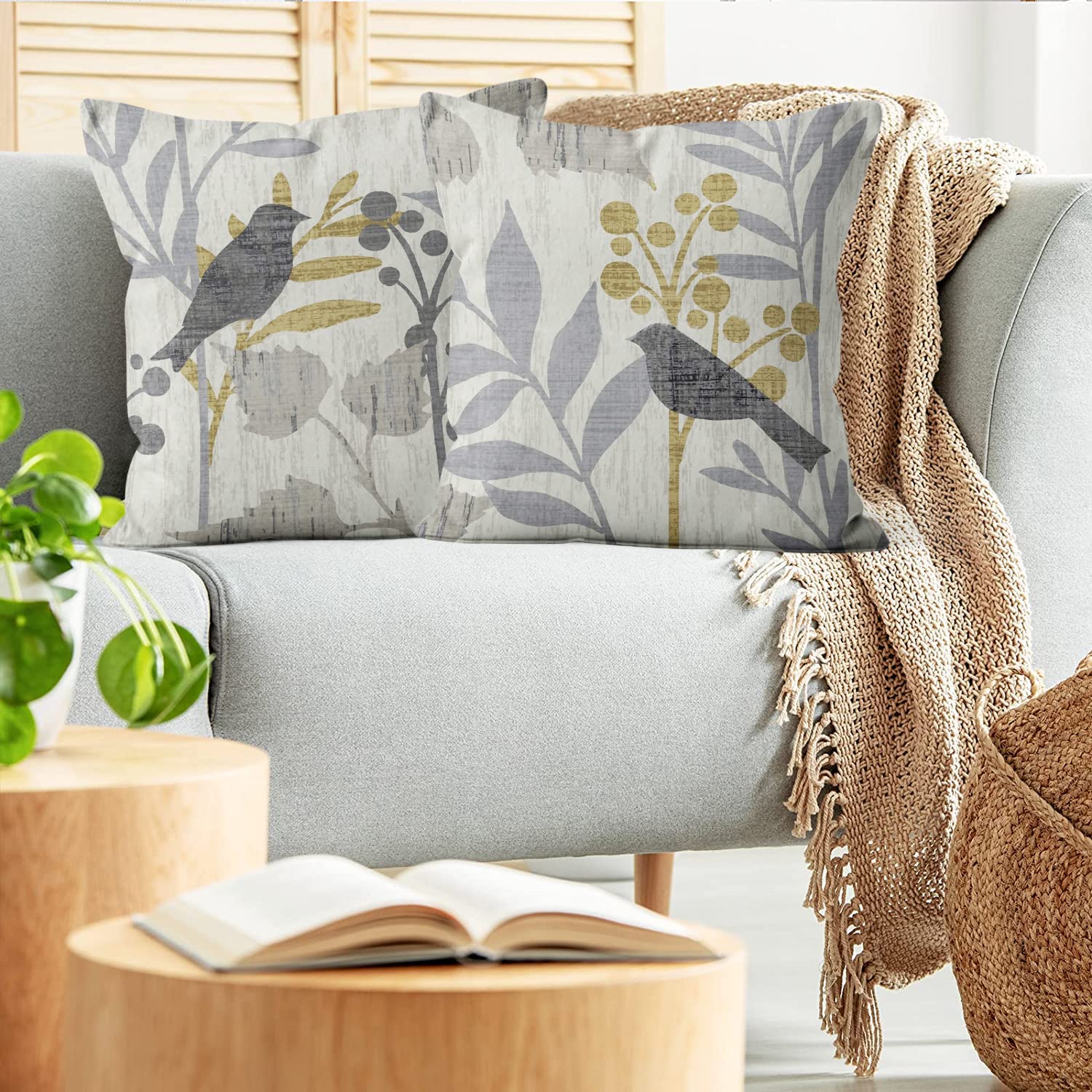 ASDCXZ Spring Pillow Cover 40x40 cm 4er Set, Retro Flower Leaves Bird Grey Sofa Cushion Covers, Washable Polyester Flax Textile Outdoor - Image 4
