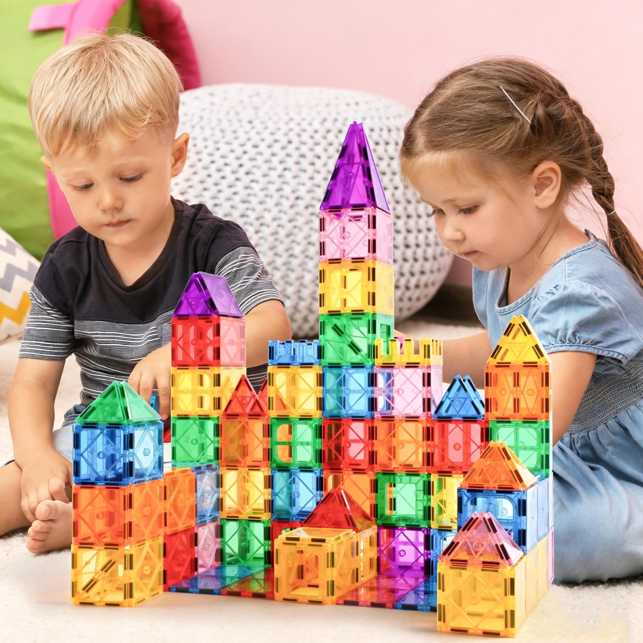Katiago Magnetische Bausteine 92Pcs für Kinder ab 3+ Jahre Starke Magnet Montessori Spielzeug Kinder STEM-Lernspielzeug-Geschenk zur Förderung der Kreativität für Jungen Mädchen
