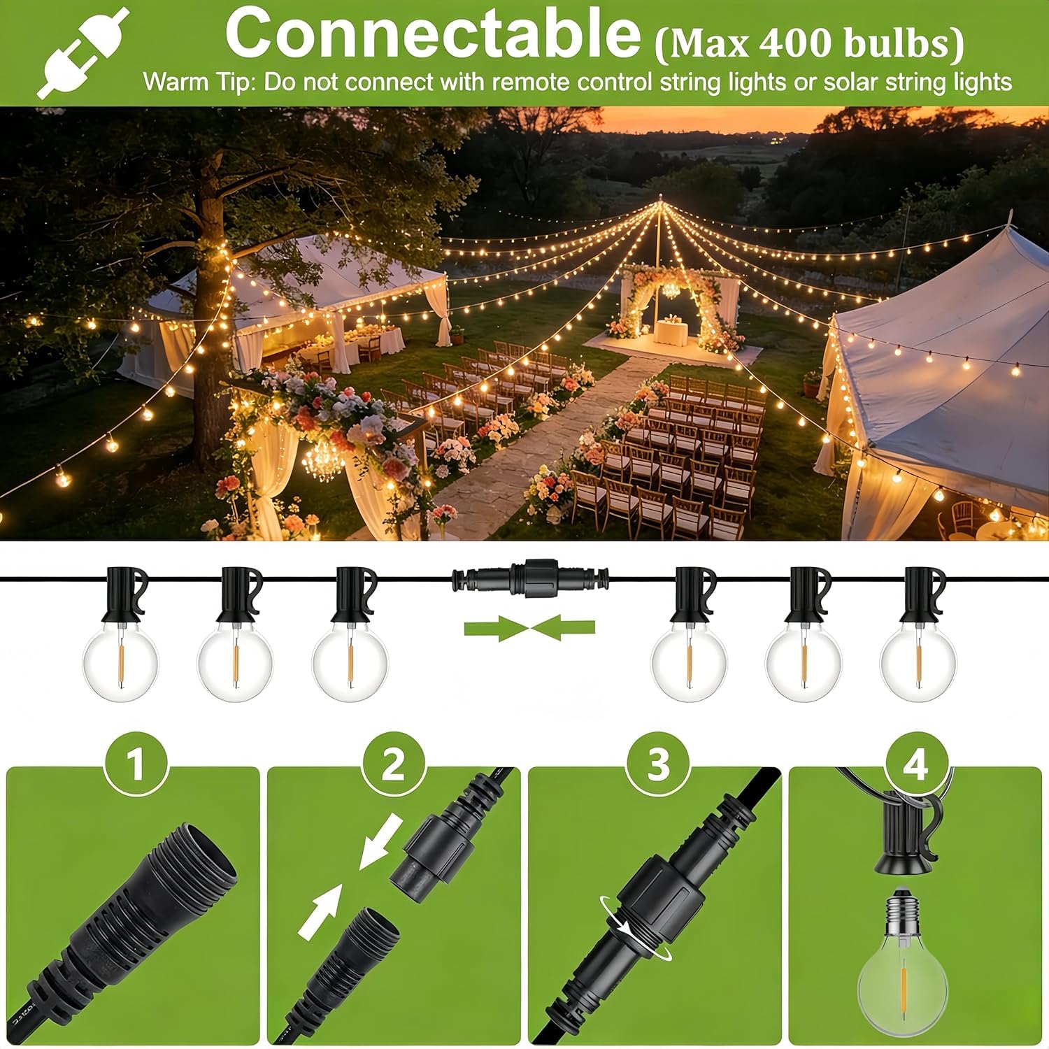 LED Lichterkette Außen 36M, Wasserdicht und Bruchsicher | Anschlussfähig Lichterkette Outdoor Strom mit 60+2 Glühbirnen Plastik, 2700K Warmweiß für Garten, Terrasse, Balkon