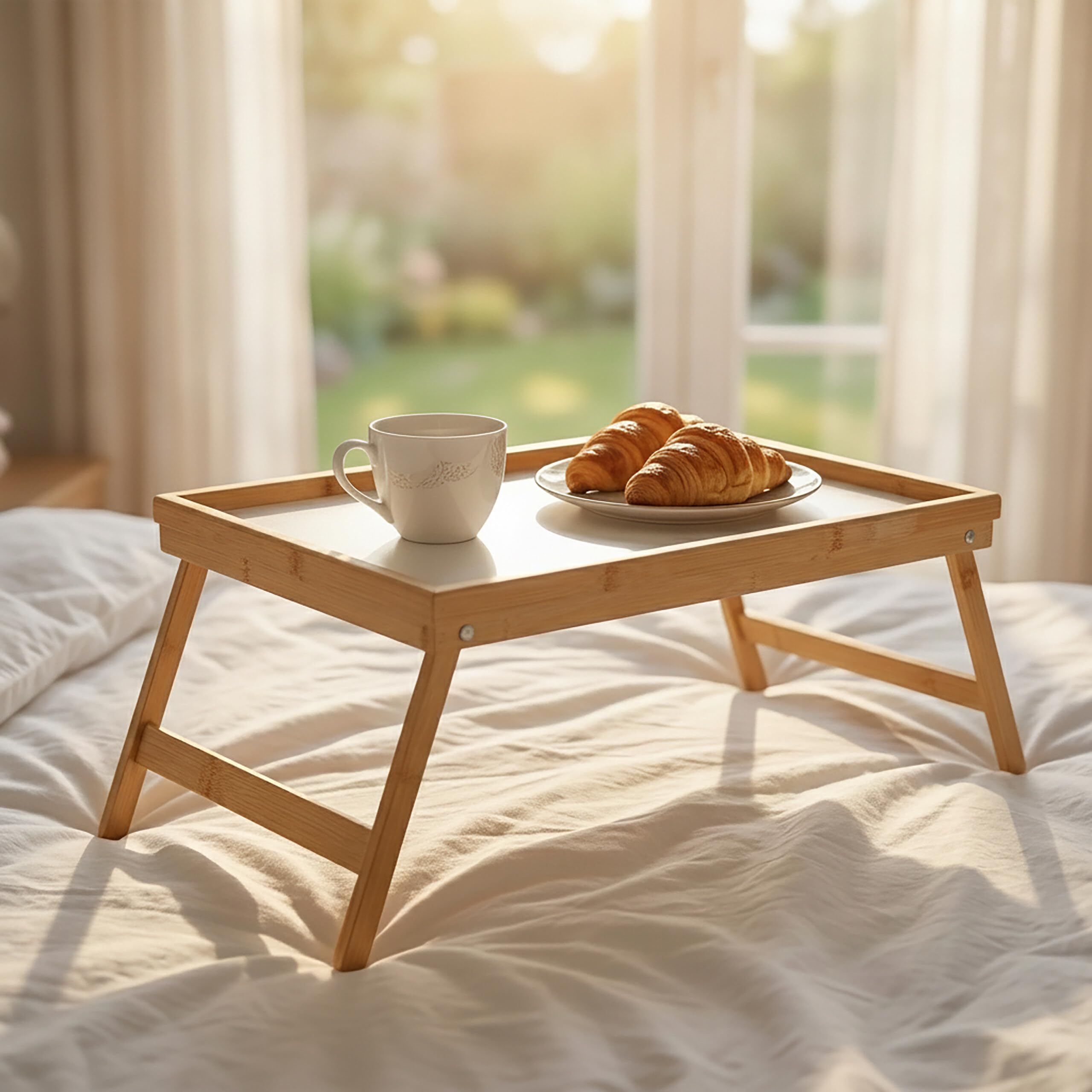 Relaxdays Vassoio da Letto, da Poltrona, Pieghevole in bambù, per Colazione, con Gambe Ripiegabili, Colore Naturale