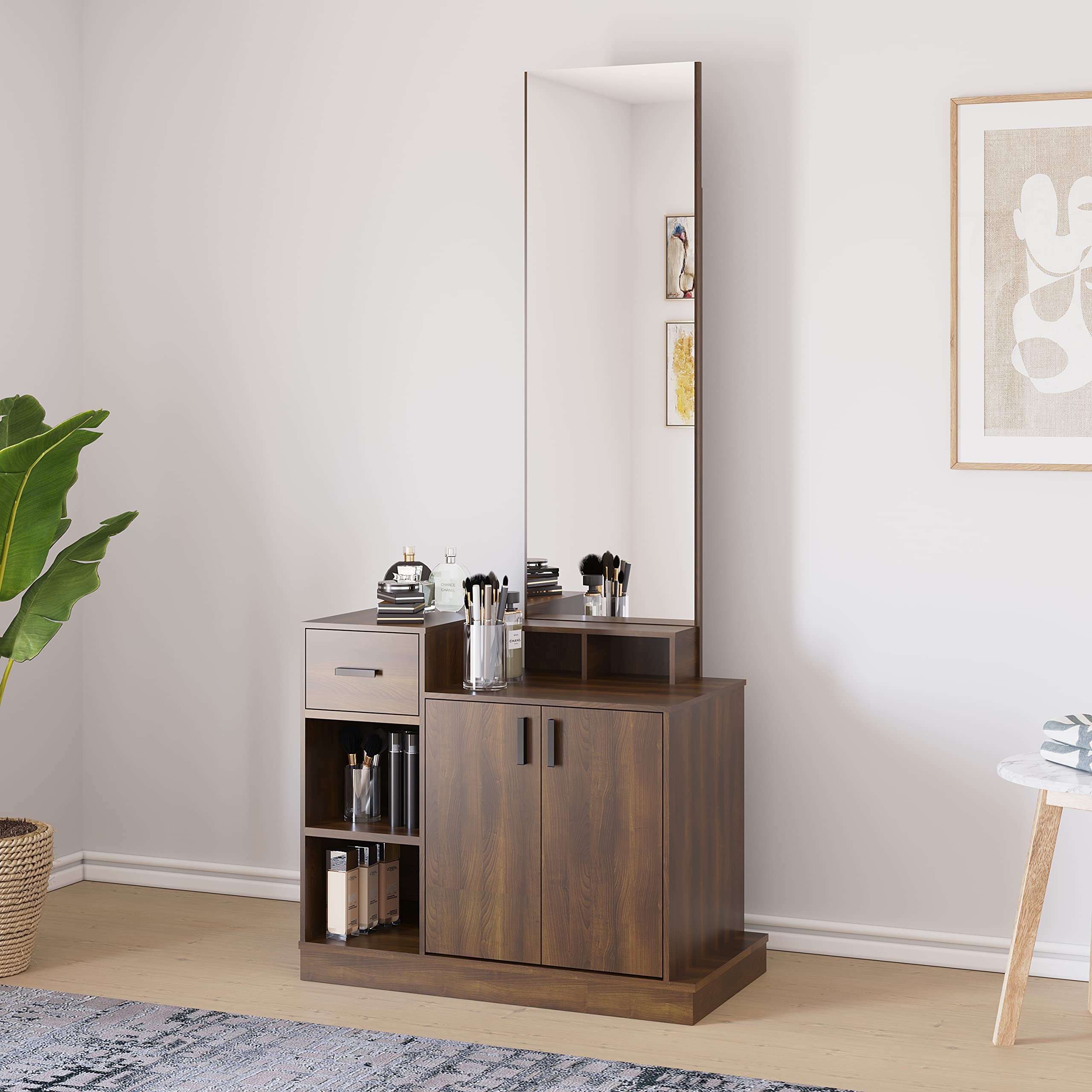 Nilkamal @Home Dyson Engineered Wood Dresser with Mirror & Drawer, Shelves Storage(Classic Walnut)-image-5