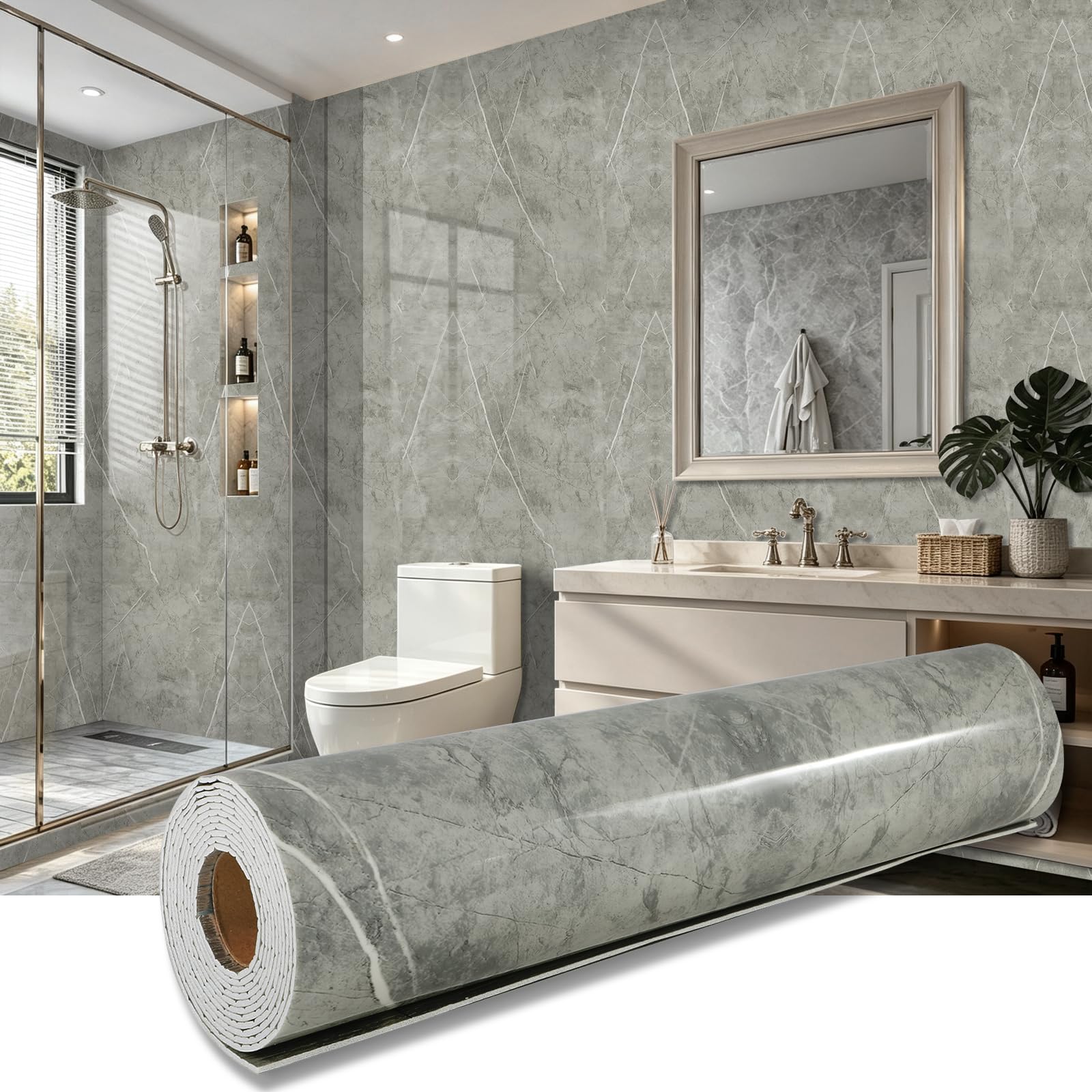 Pamatio Wall Panels Peel and Stick - 300CM Self Adhesive Wall Panels Marble-Real, 2.3mm Waterproof Stick on Wallpaper PVC Decorative Thermal Covers for Living Room Feature Walls Bathroom Kitchen,Grey