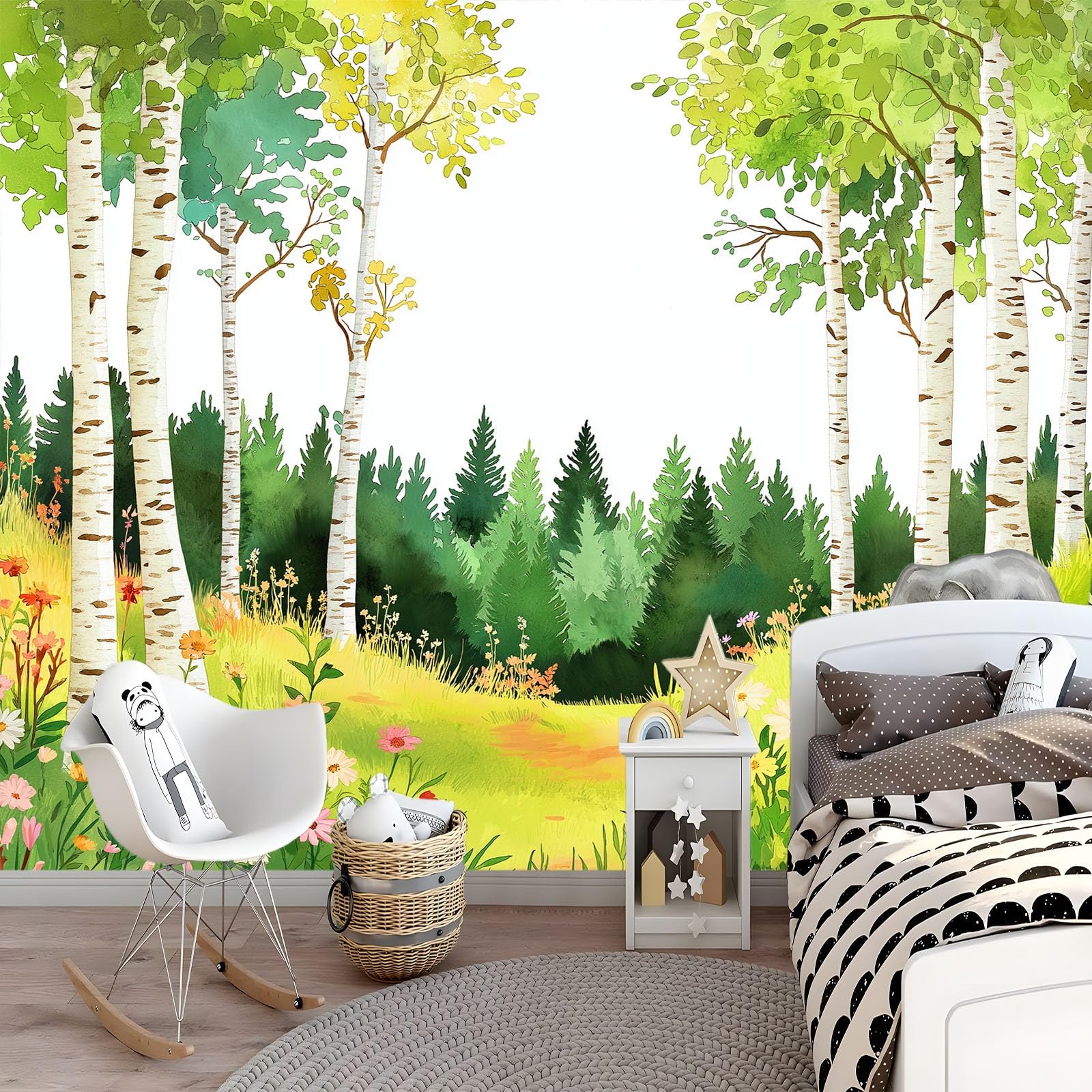 Panoramiczna tapeta Kreskówki Rośliny brzozy, zielone obrazy ścienne 350 x 256 cm (dł. x wys.) - Dekoracja domu do salonu i sypialni