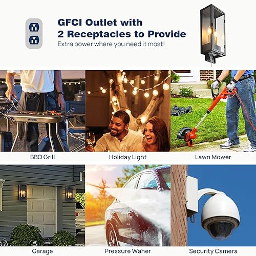 Miniatura 4 de UP TO NEW Luces de porche con salida GFCI, 2 enchufes para exteriores con toma de corriente incorporada, impermeable, lámpara exterior antioxidante,