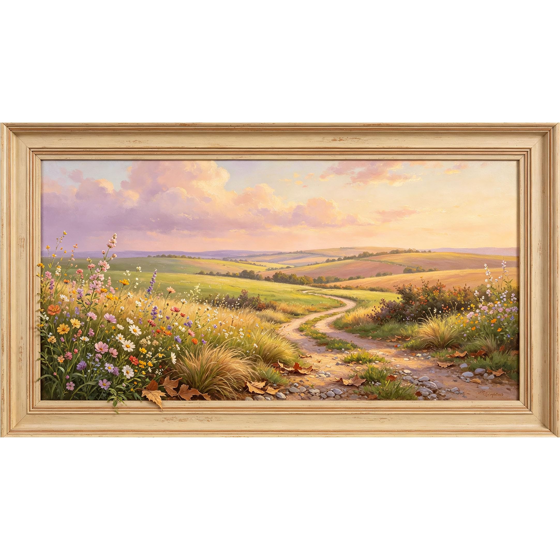 QZLITHOTIC 50×100cm 3D Framed Wall Art， Countryside Landscape Path Wildflower Sunset Self?Adhesive Mural， Water?Activated Peel & Stick Fabric Decor Wall Decal for Bedroom Living Room