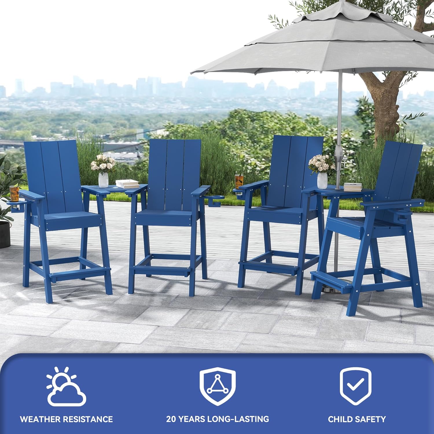 FOOWIN Tall Adirondack Chairs Set of 2,HDPE Adirondack Bar Stools with Connecting Tray & Cup Holders,Weather Resistant Balcony Chair for Outdoor Deck Lawn Pool Backyard Navy Blue