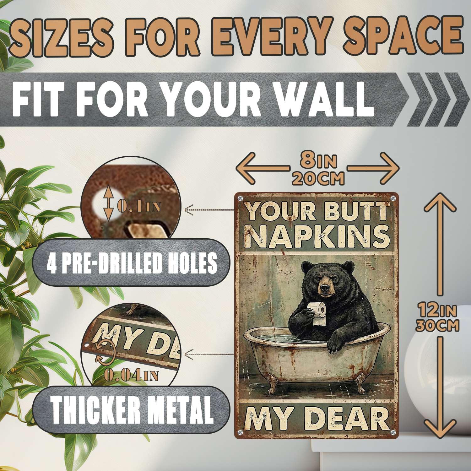 Funny Black Bear Vintage Metal Tin Sign Humorous Retro Bathroom Wall Decor Your Butt Napkins My Dear Art Poster for Home Restroom, Half Bath, Washroom 8x12 inch image 2