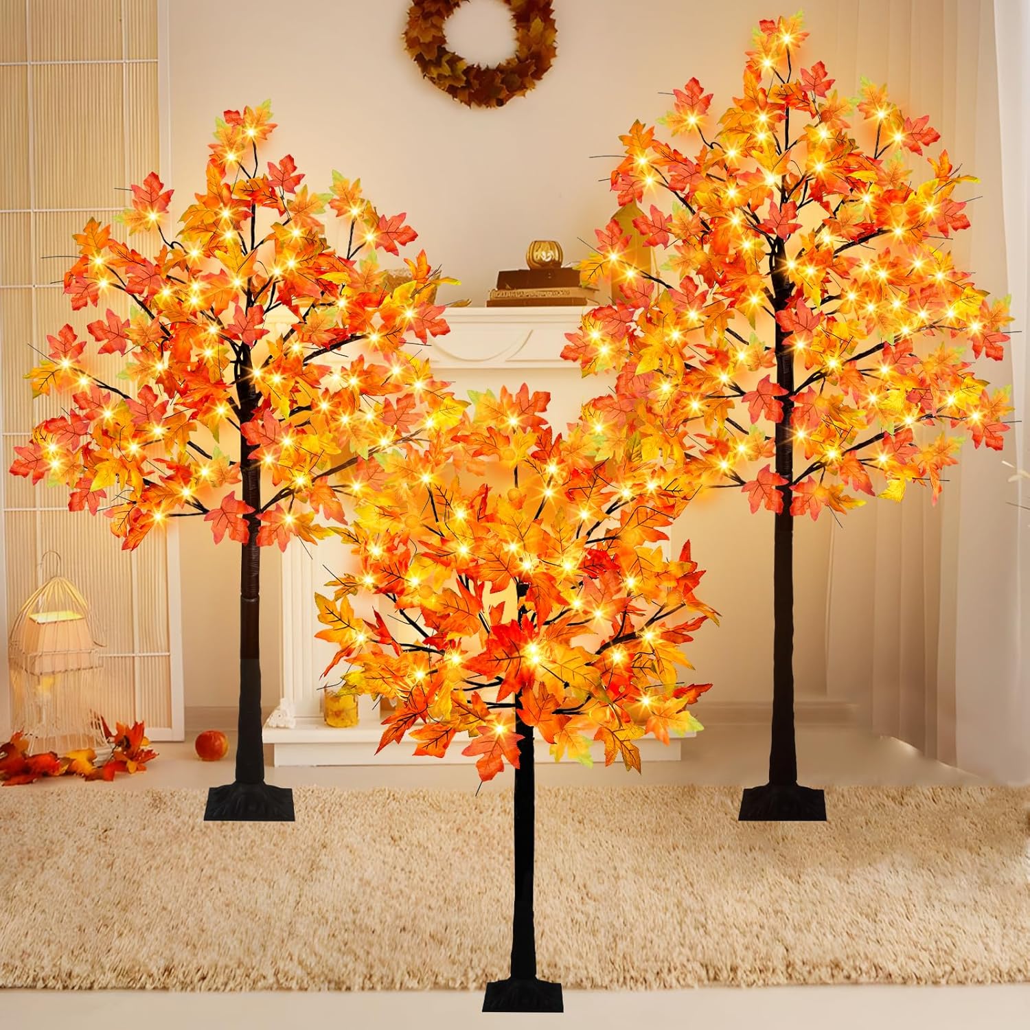 3 Pack Lighted Fall Maple Tree, 4FT 5FT 6FT Artificial Fall Tree with 216 Lights Fall Light Up Tree with Timer for Autumn Home Living Room Patio Porch Garden Wedding Indoor Outdoor Decor