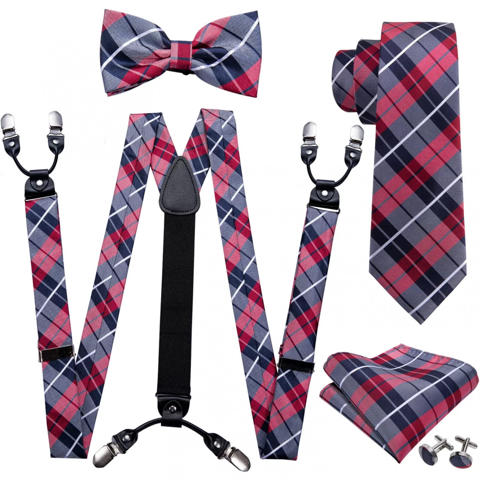 Conjunto de gemelos de pañuelo de seda a cuadros rojos para hombre, corbata de corbata, para hombre, diseño de regalos de boda