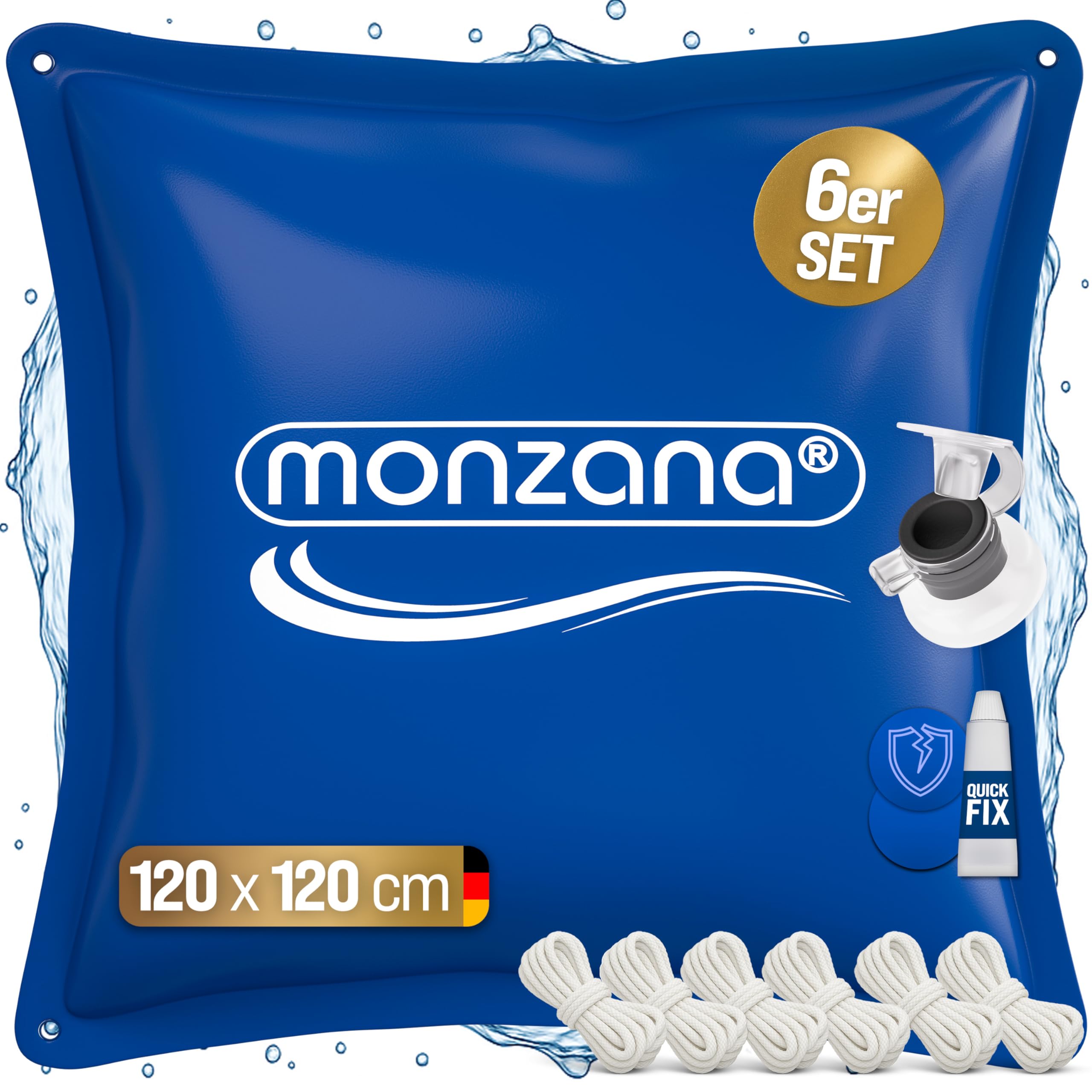MONZANA® Cojín Piscina Invierno XL 120x120cm Cojín Aire PVC Accesorio Protector Resistente Cloro Válvula Seguridad Kit Reparación Set a Elegir | Estable, Duradero, Resistente al hielo, Cloro, rayos UV, Incluye Accesorios, 2 Kits de reparación, Válvula dob