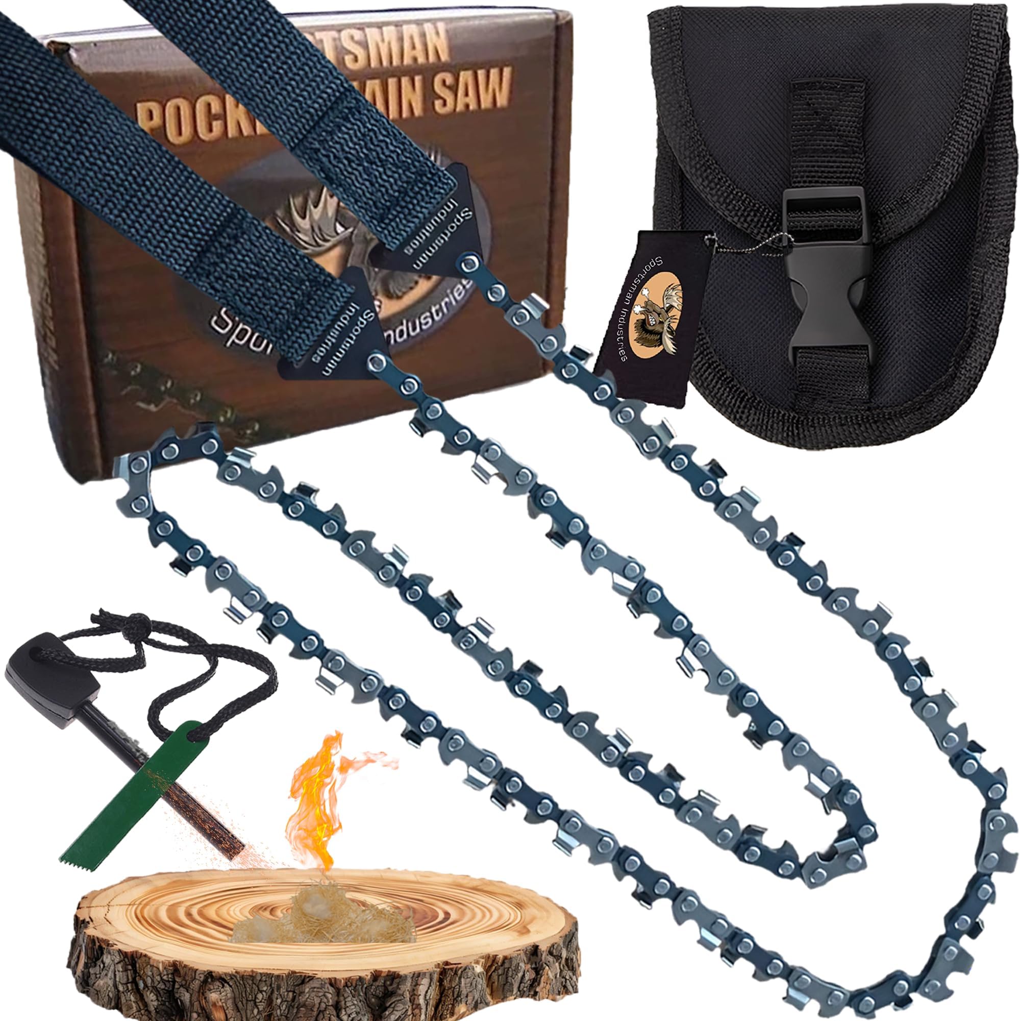 Pocket Chainsaw and Fire Starter, Best Compact Folding Hand Saw Tool for Survival Gear (36 Inch)