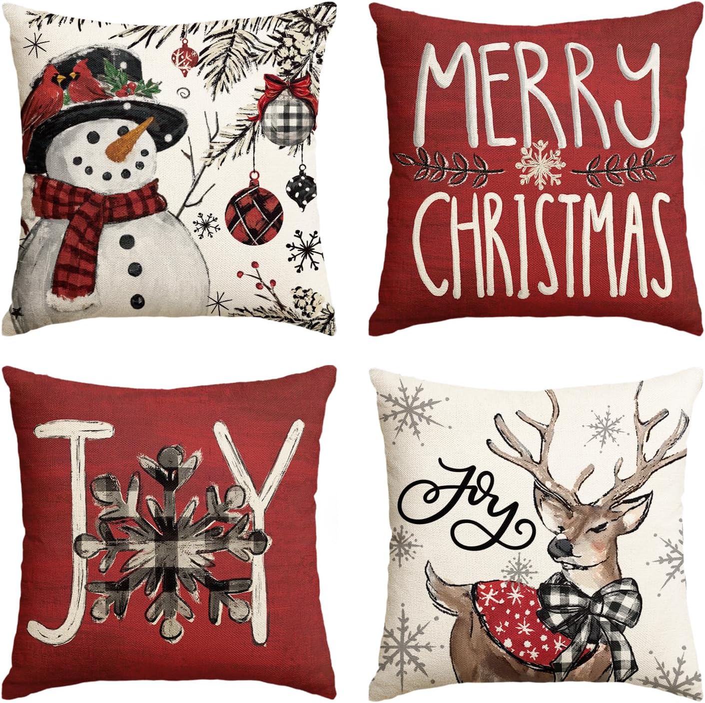 AVOIN colorlife Joy Christmas Let It Snow Snowman Reindeer Throw Pillow Covers, 20 x 20 Inch Xmas Snowflake Winter Holiday Cushion Case Decoration for Sofa Couch Set of 4