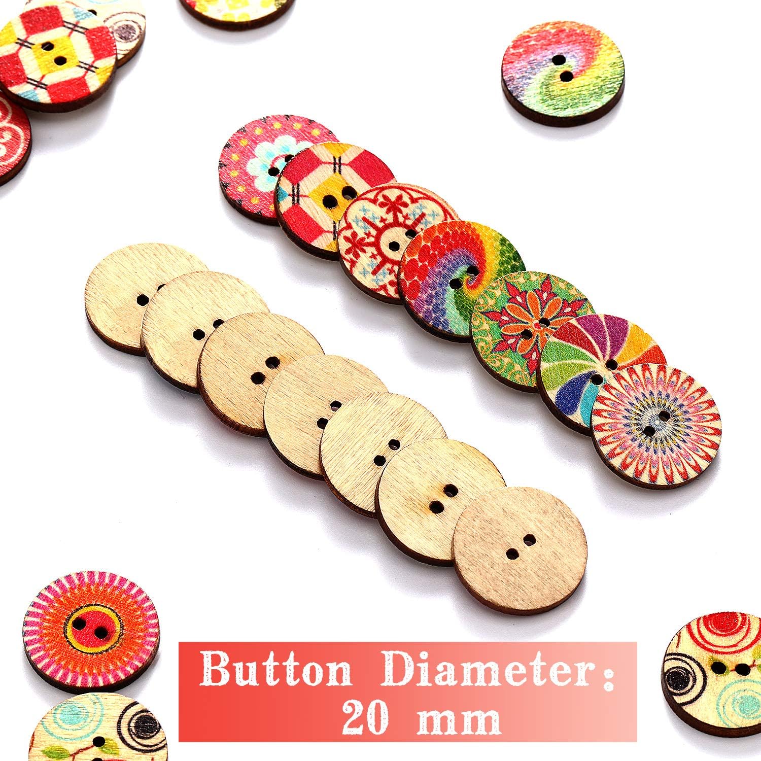 200 Pieces Vintage Wooden Buttons Flower Mixed Color 2 Holes Round Decorative Painted Wood Buttons for DIY Sewing Crafts Room Decorations Gifts, 20mm