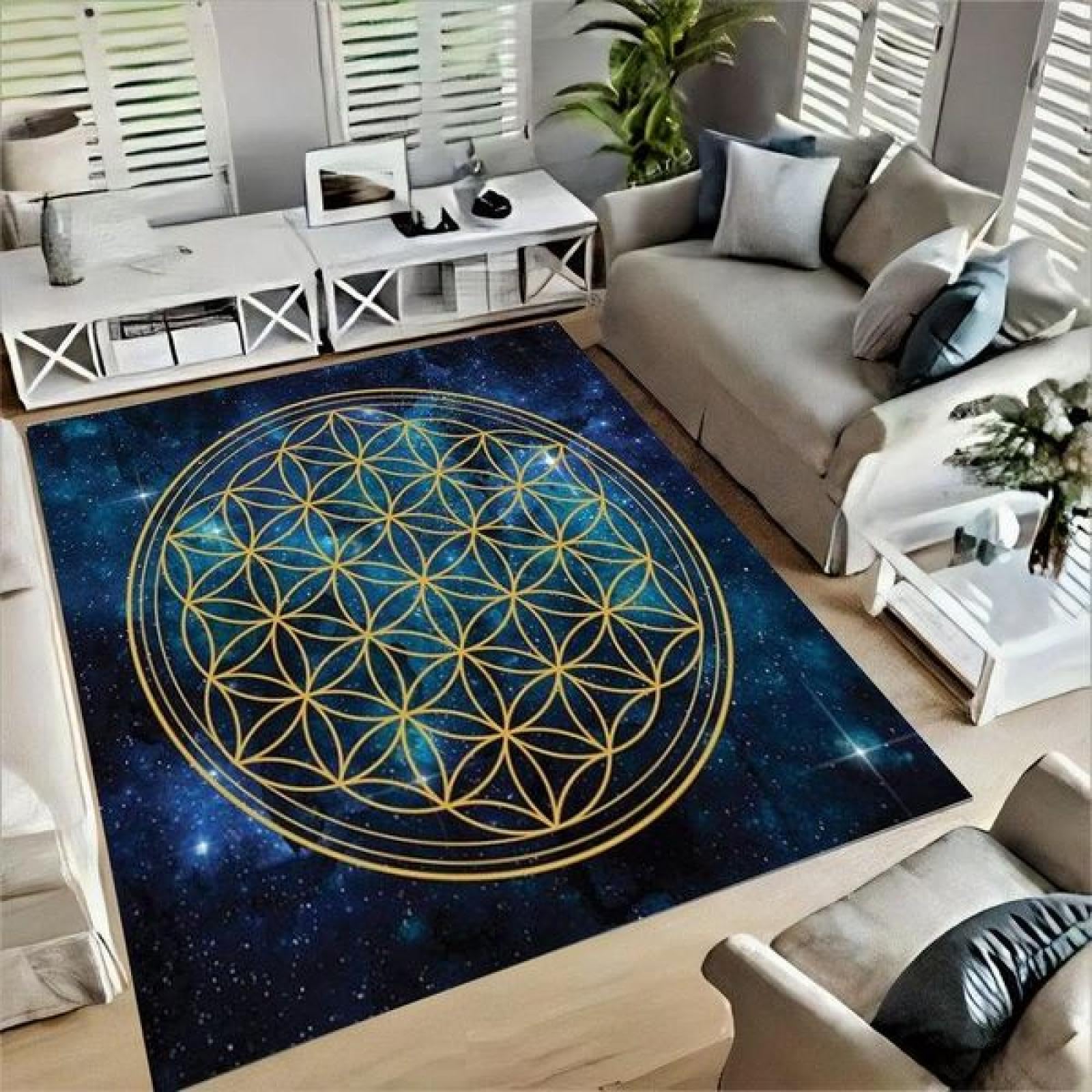 Tapis de méditation 3D Galaxie Ciel étoilé Fleur de Vie, Tapis de Porte Mandala Zen Yoga Spirituel extérieur Tapis de Sol d'entrée de Jardin