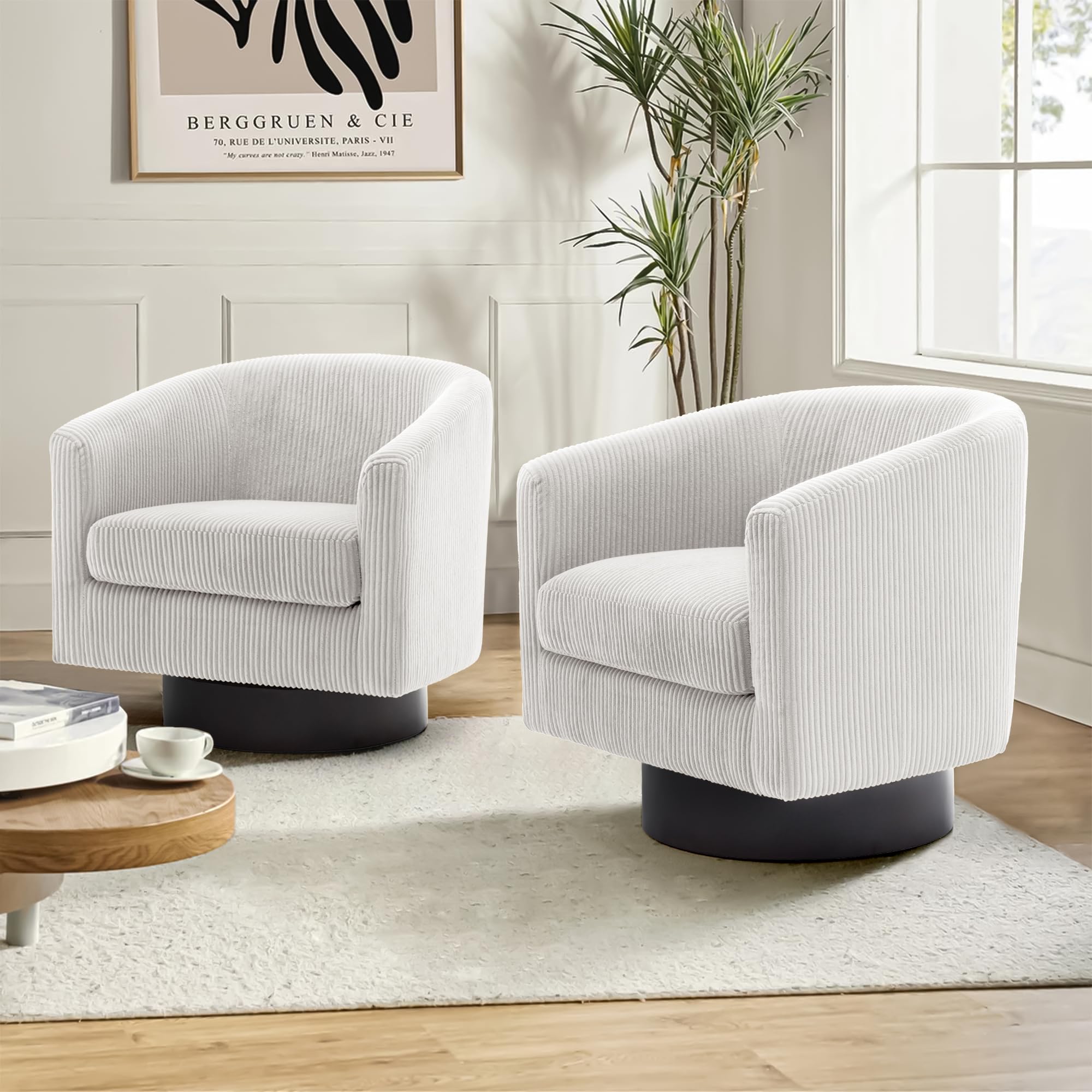 Pia Ricco Swivel Barrel Chairs Set of 2, 360° Swivel Round Accent Chair, Comfy Upholstered Corduroy Single Sofa Club Armchair for Living Room/Reading