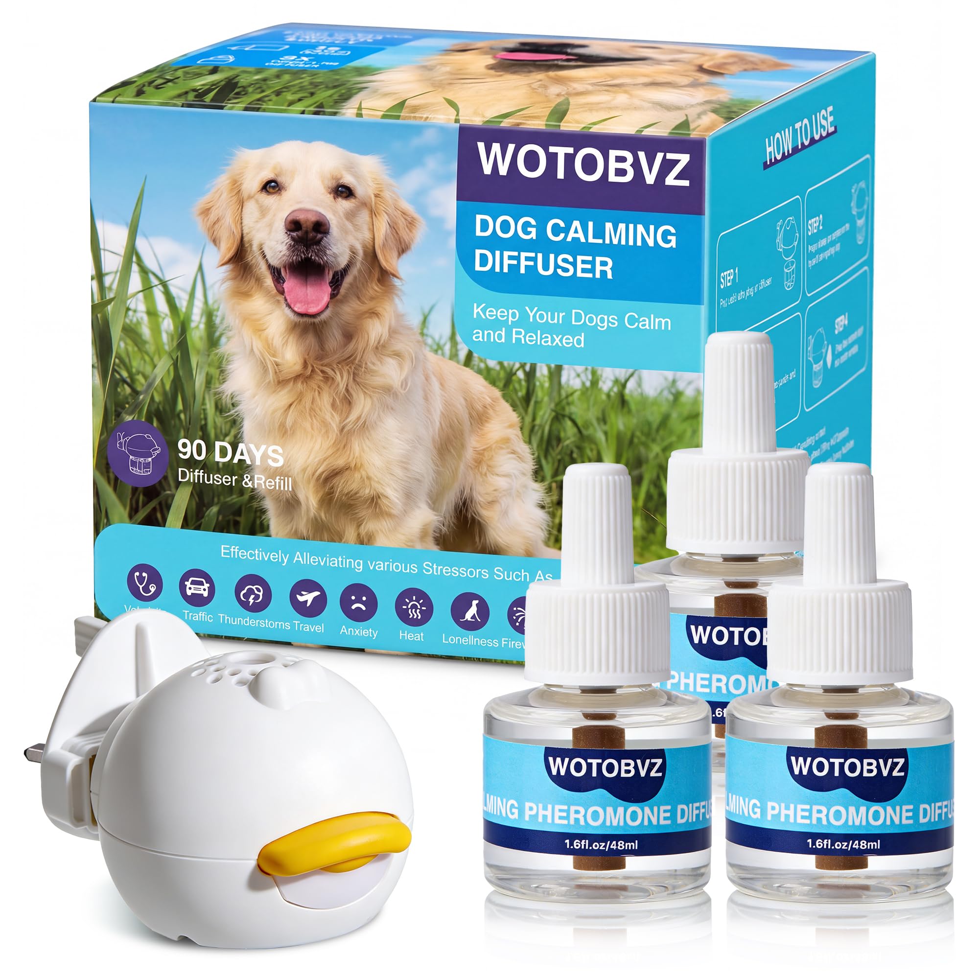 WOTOBVZ Dog Calming Plug in, 4-in-1 Dog Calming Diffuser Pheromone Equipped with 1 Diffusers+3 Refills, Relaxants & Anxiety Relief Therapet Diffuser for Dogs