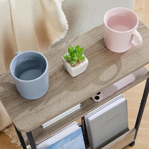 Miniatura 9 de Mesa auxiliar estrecha vintage con estante de almacenamiento, mesa auxiliar delgada de 3 niveles, mesa de sofá moderna para espacios estrechos y