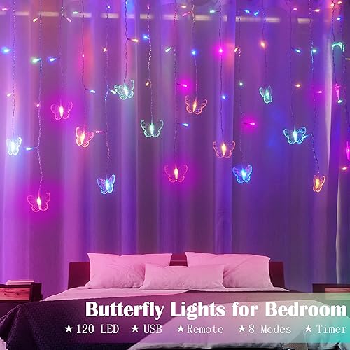 Miniatura 4 de 120 luces LED de mariposa con enchufe USB, 8 modos de 20 pies, alambre de cobre de 20 pies, luciérnaga, tira de luces parpadeantes con