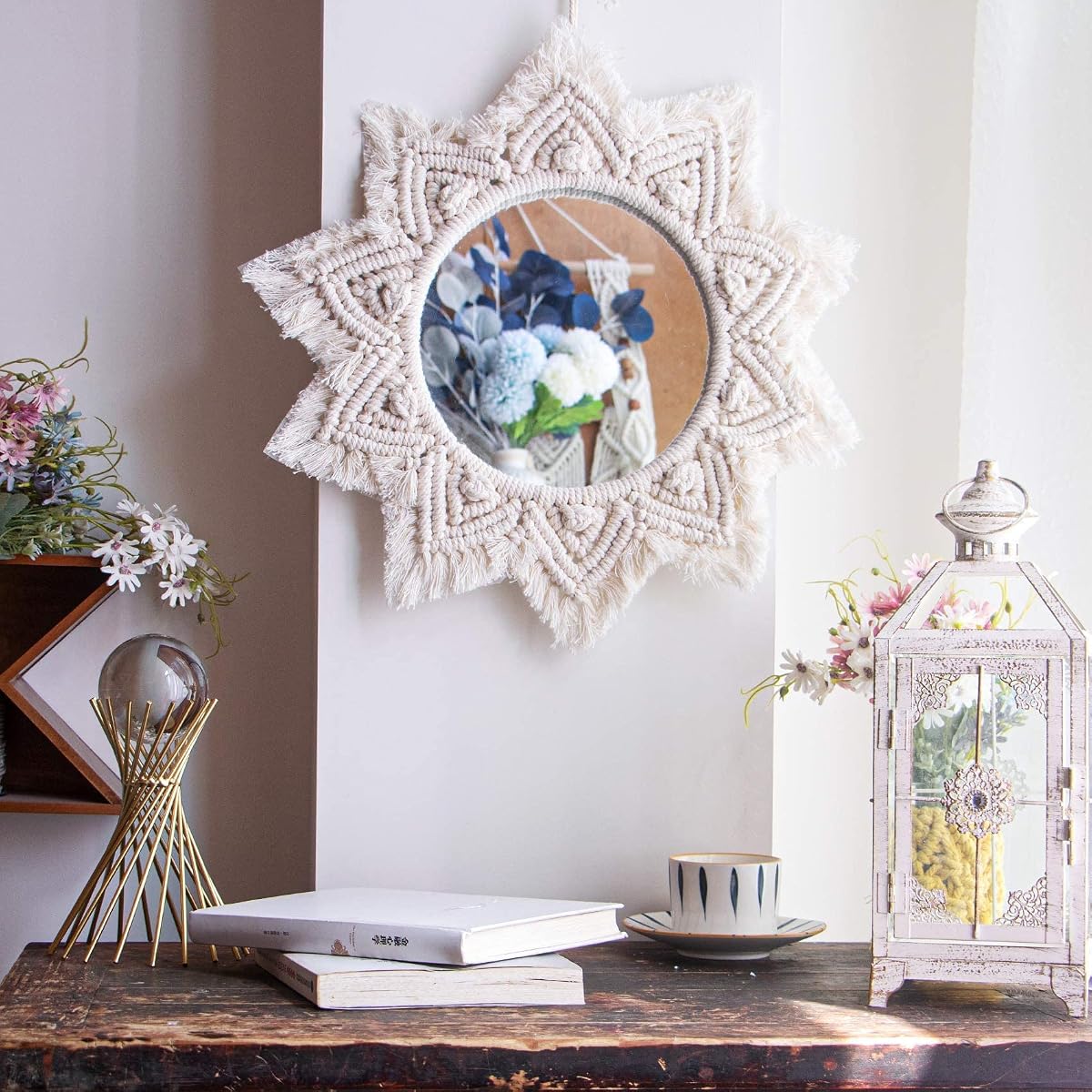Small Macrame Boho Round Wall Mirror for Apartment & Rental Home | Handmade cotton, HD glass, easy hanging for entryway, dorm, bath & bedroom; farmhouse cottagecore wall small spaces decor