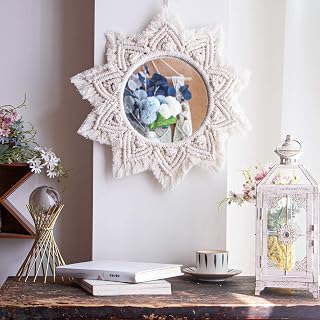 TENEWEE Boho Macrame Wall Mirror Hanging - 17.7" Round Decor for Bedroom, Farmhouse, Rustic Home Easy Install