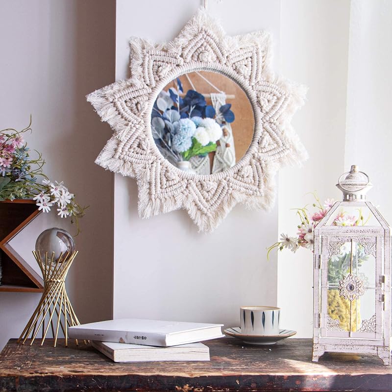 Small Macrame Boho Round Wall Mirror for Apartment & Rental Home | Handmade cotton, HD glass, easy hanging for entryway, dorm, bath & bedroom; farmhouse cottagecore wall small spaces decor