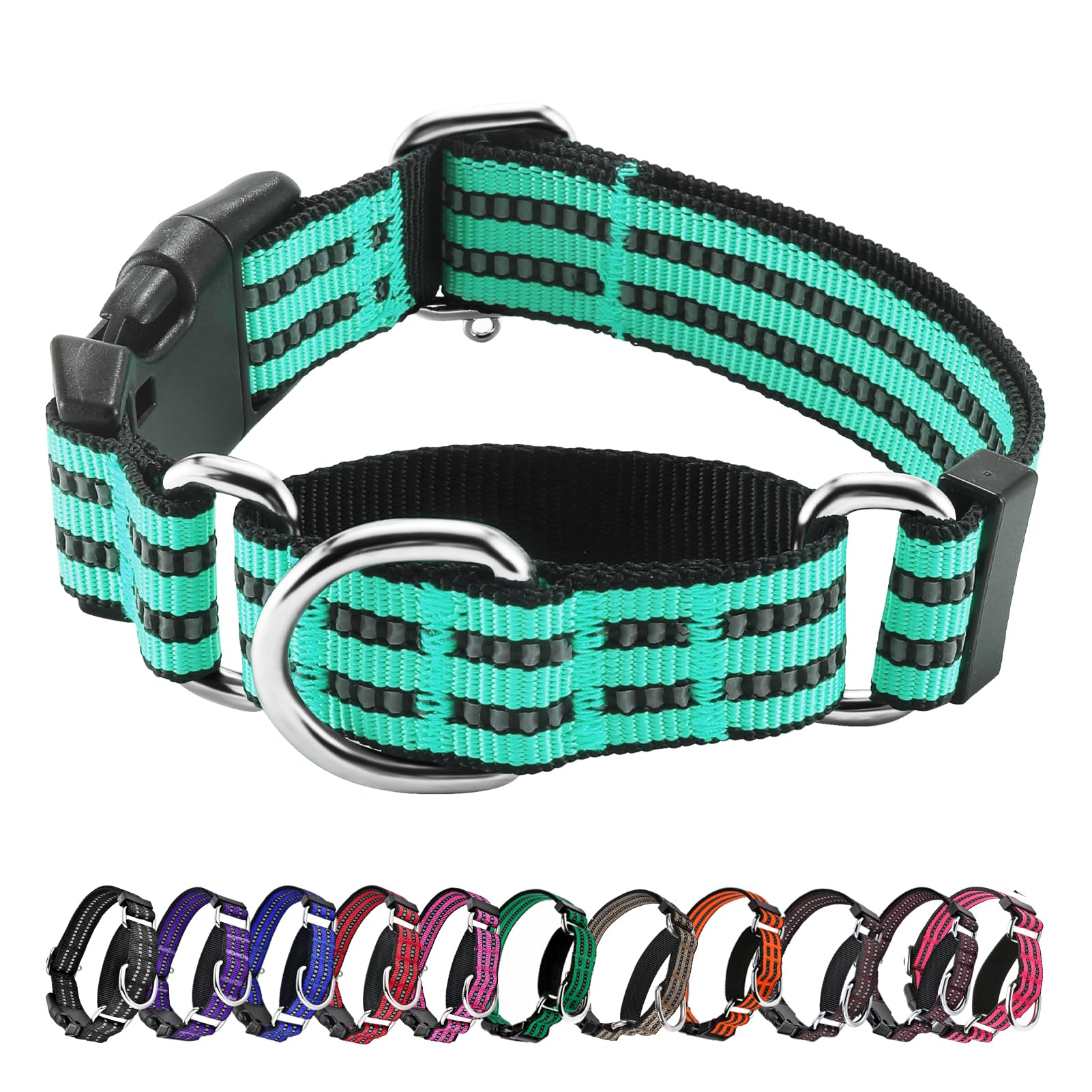 Hikiko Martingale Dog Collars Reflective Nylon Dog Collar with Quick Release Buckle Adjustable Training No Slip Dog Collar (Medium, Turquoise)