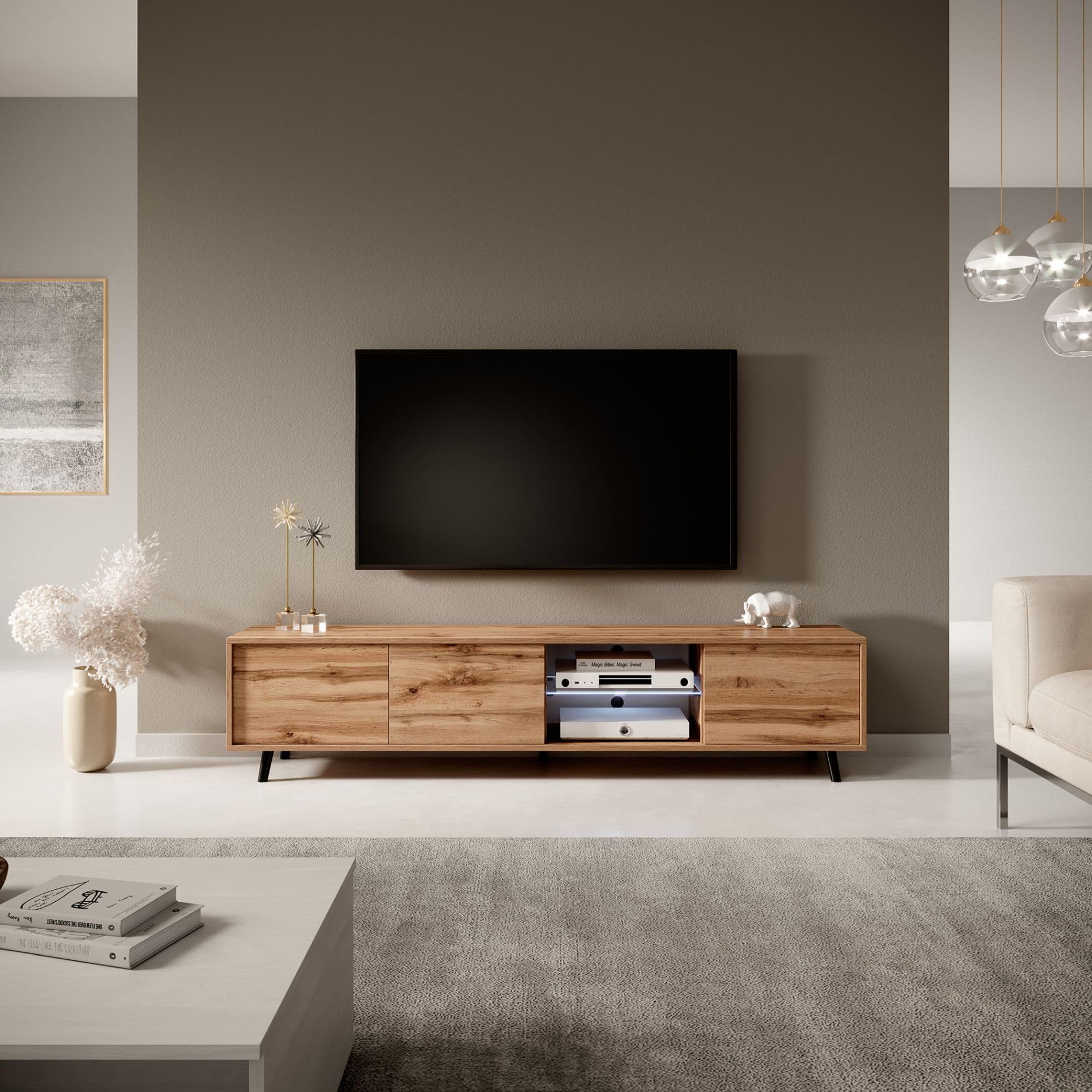 Selsey Galhad - Mueble TV, Roble wotan, iluminación LED a Pilas, 175 cm Ancho