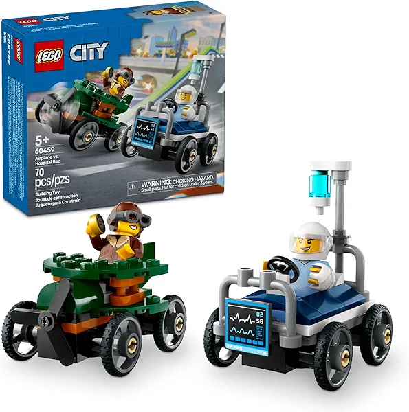 LEGO City Airplane vs. Hospital Bed Race Car Pack Toy - Building Toy for Kids, Boys and Girls, Ages 5+ - Gift for Birthdays and Holidays - Includes 2 Minifigures - 60459