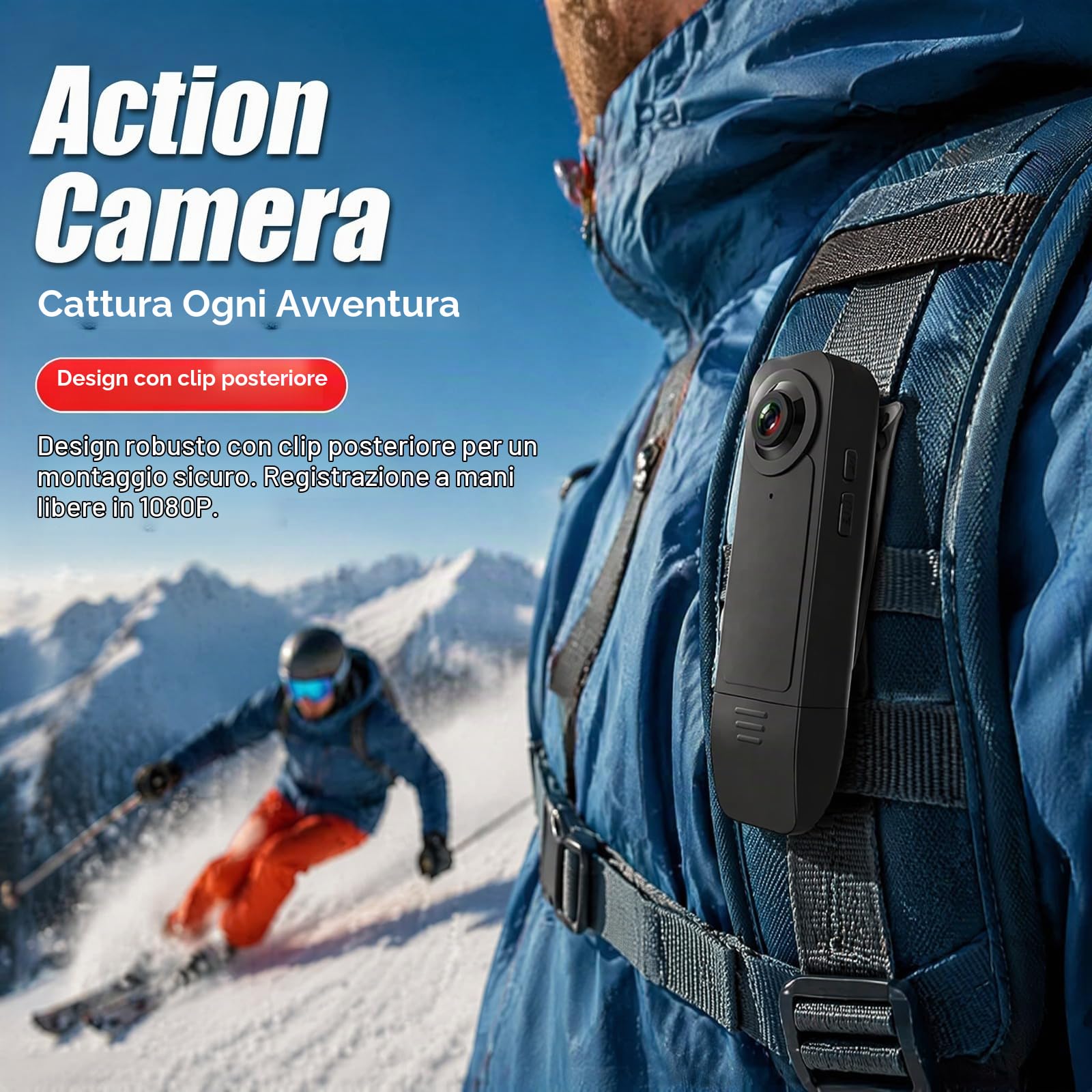 Mini Videocamera Corporea HD 1080P con Audio Visione Notturna Sicurezza | 64GB inclusa, registrazione a ciclo continuo, batteria 1000mAh 6h, clip universale, senza configurazione, per vigilanza
