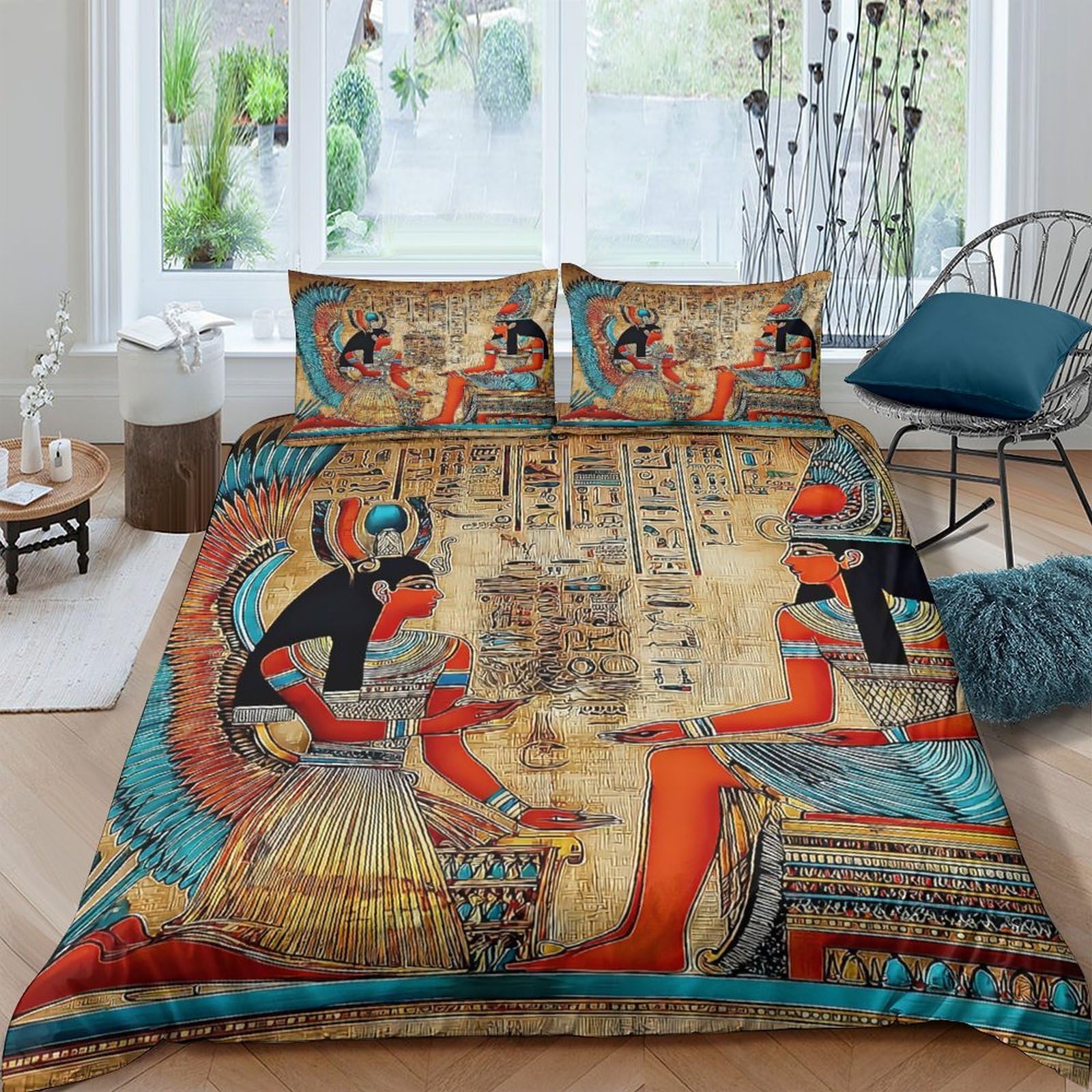 Ctjqhvkz Style-3 3D Printed Egyptian Hieroglyphs Fitted Sheet Microfiber Soft Breathable Pharaoh Art Bed Cover Bedroom Decor Single（135X200cm）