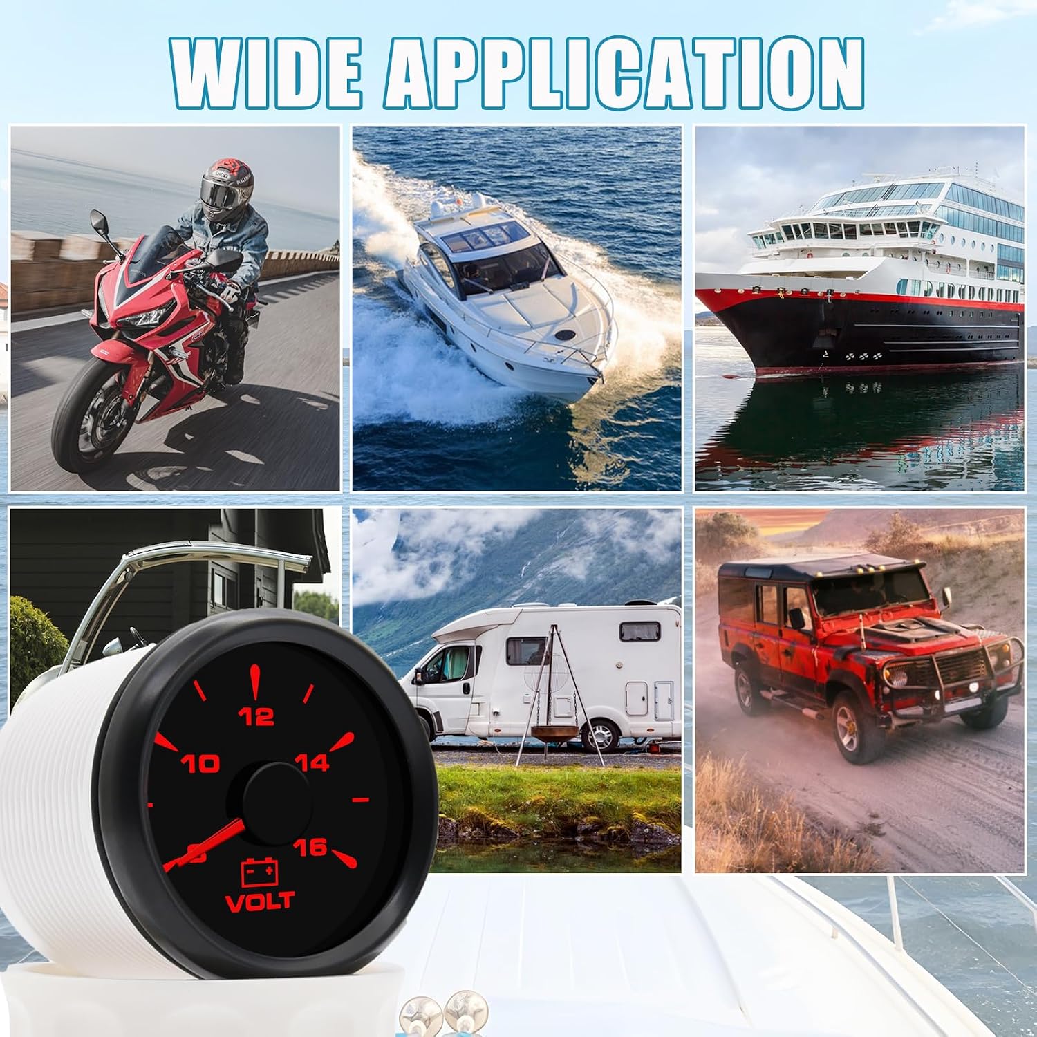 Geloo 52mm Marine Voltage Gauge 8-16 Volt Meter Gauges Boat Car Voltmeter Gauge Set with 7 Colors Backlight Waterproof Voltmeter Gauges Indicator 9-32V