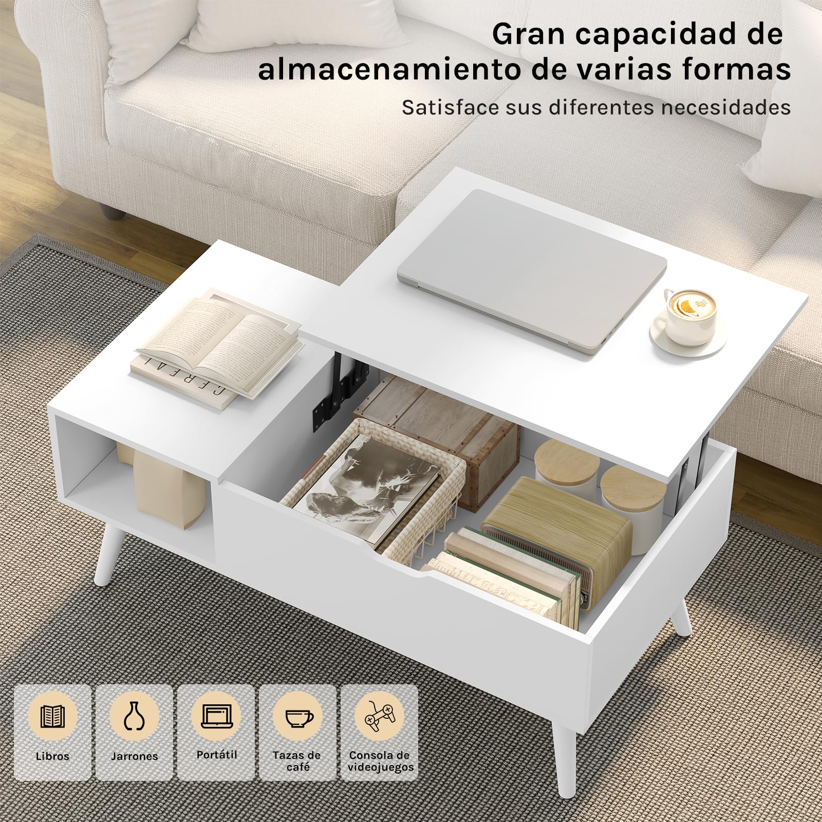 WOLTU Mesa Centro Elevable, Mesita Salon con Espacio Interno y Compartimento Abierto, Mesa de Salón Elevable y Extensible, Mesilla Auxiliar Multifuncional, 100x50x(43-57) cm, Blanco, BTS26ws