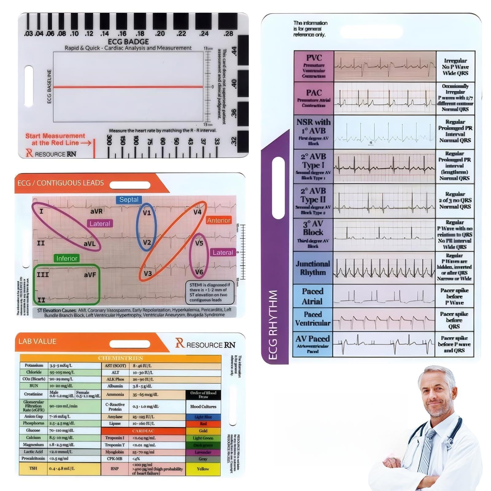 4PCS ECG/EKG Rhythm Pocket Card, Rapid Cardiac Analysis & Measurement Tool Clear ECG Badge Card Holder, Horizontal and Vertical Option, Badge Pocket Card