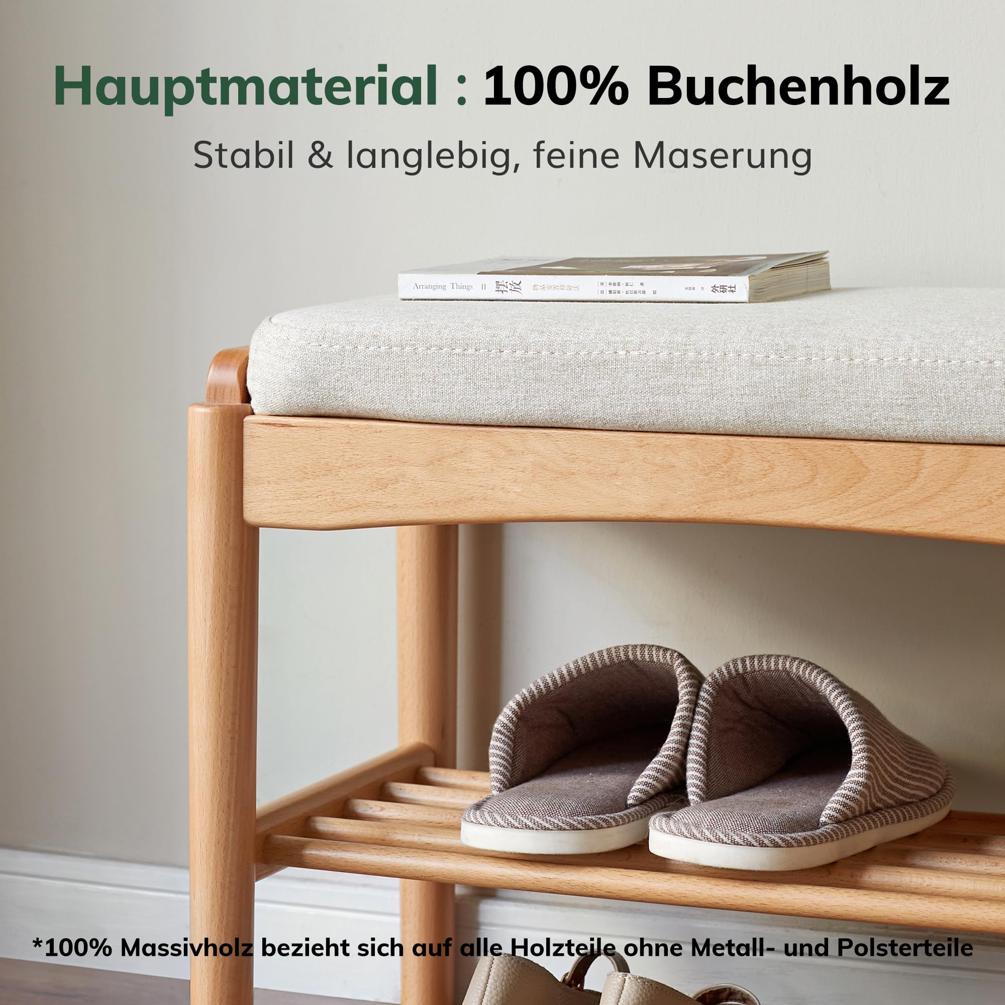 YESWOOD Schuhbank mit Sitzpolster Massivholz Buche, Sitzbank für Flur mit Schuhablage, Gepolsterte Bank mit Offenem Regal, Holz Bank für Eingangsbereich Schlafzimmer, Natur